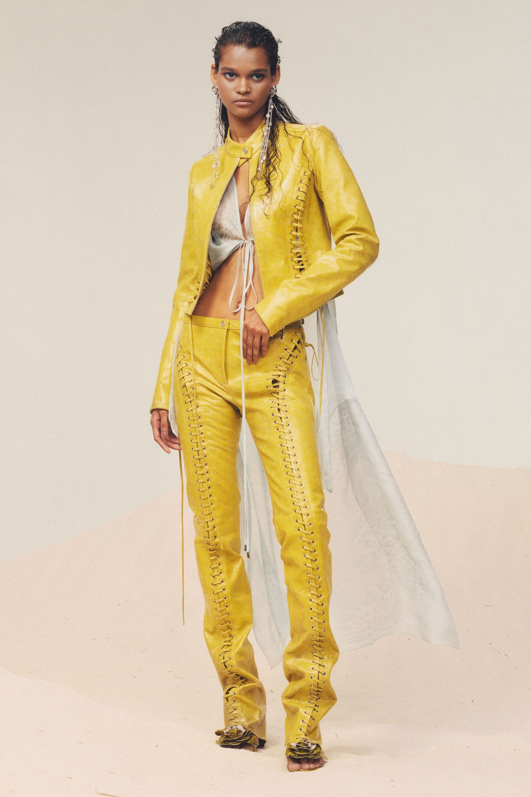 yellow leather long-sleeve collared fitted zippered jacket