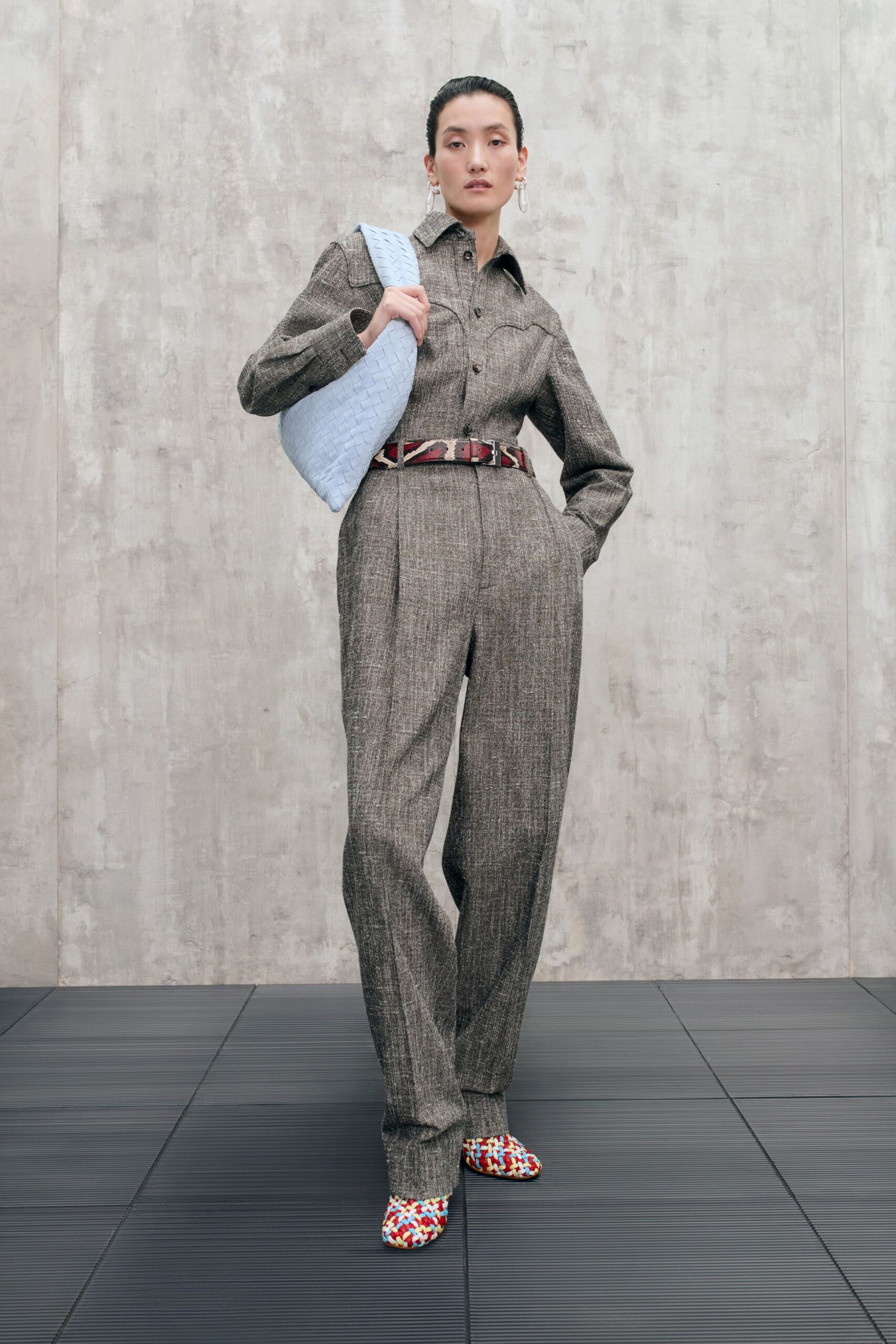 brown tailored suit with accessories