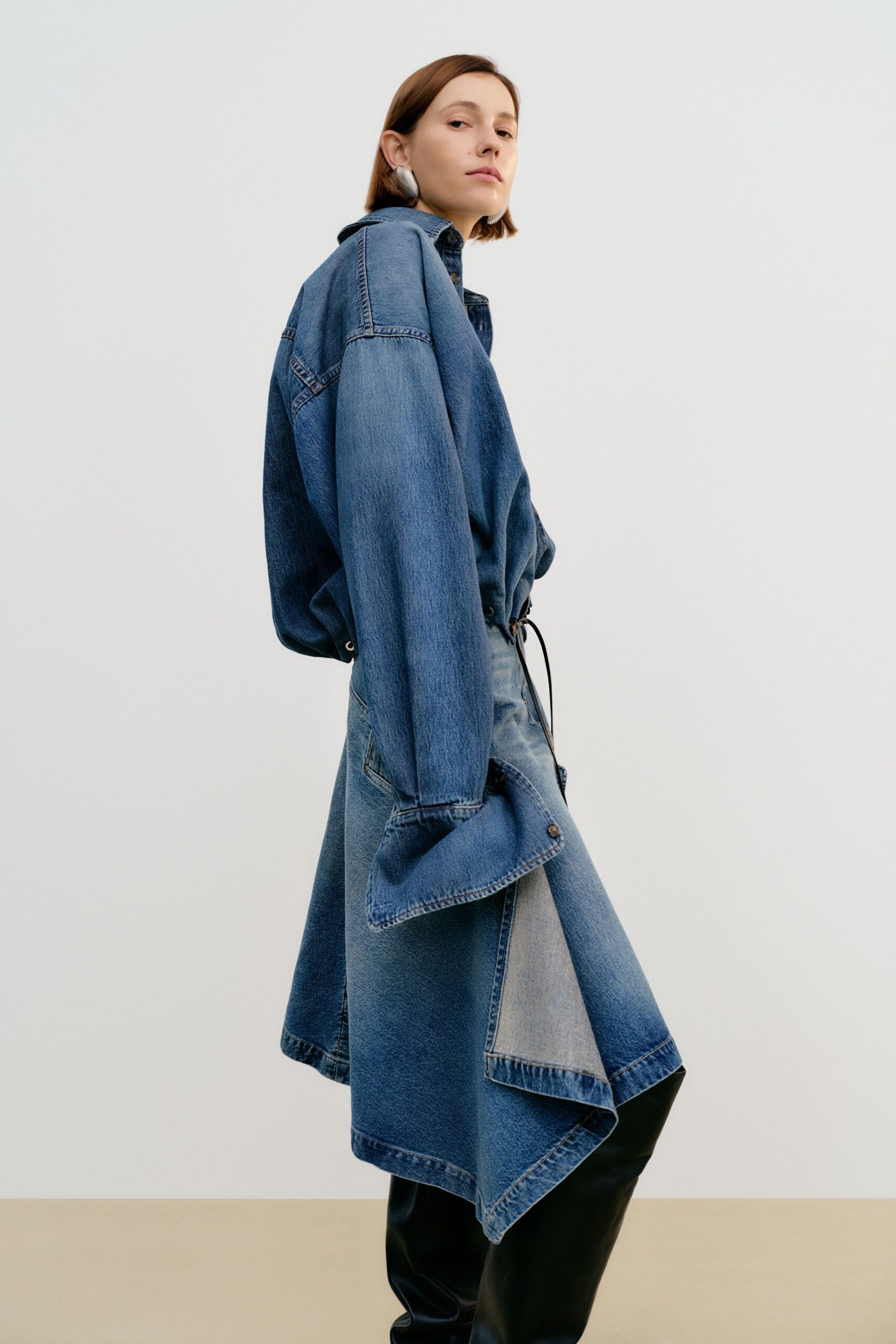blue denim relaxed patchwork layered midi skirt