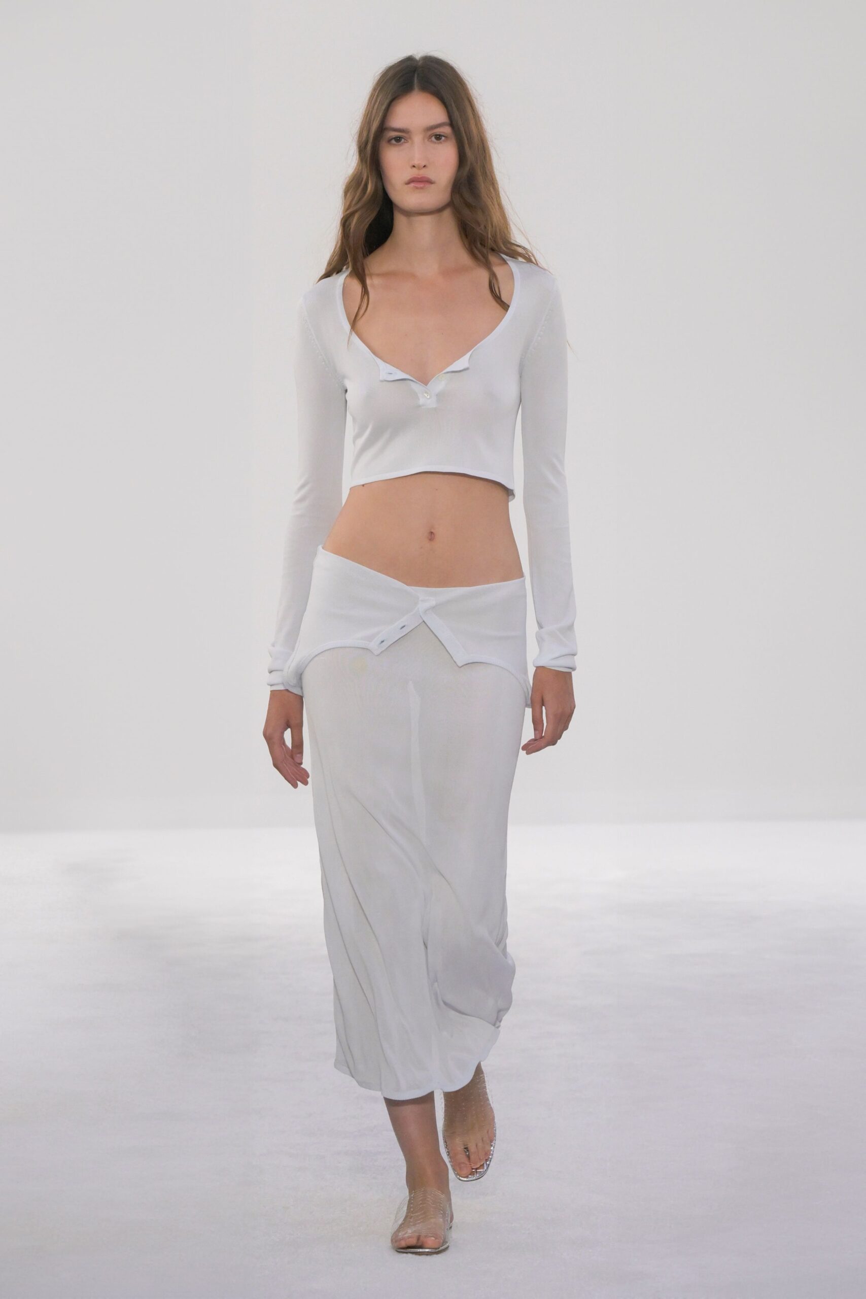 white silk fitted high-waisted draped sheer midi skirt