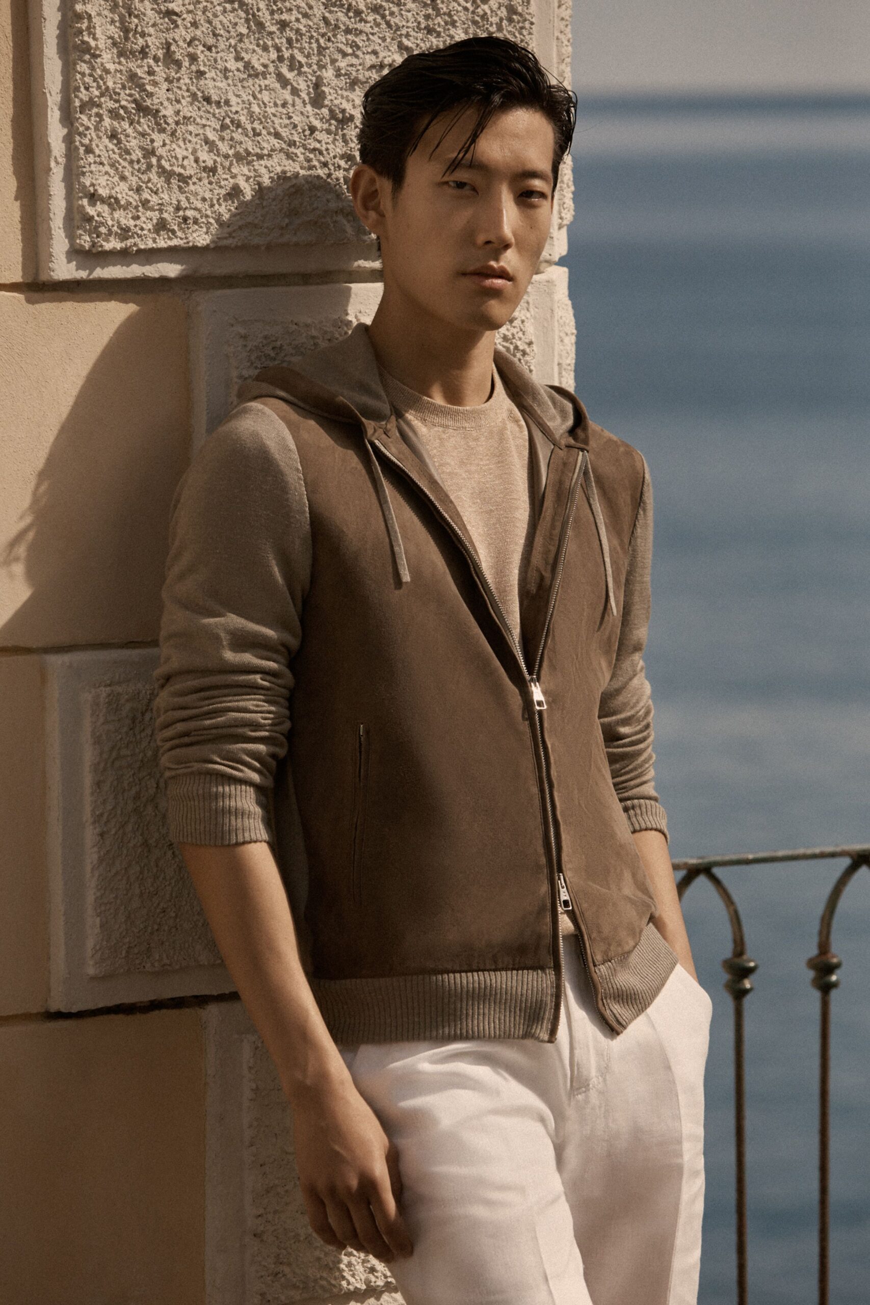 brown suede hoodie with beige shirt