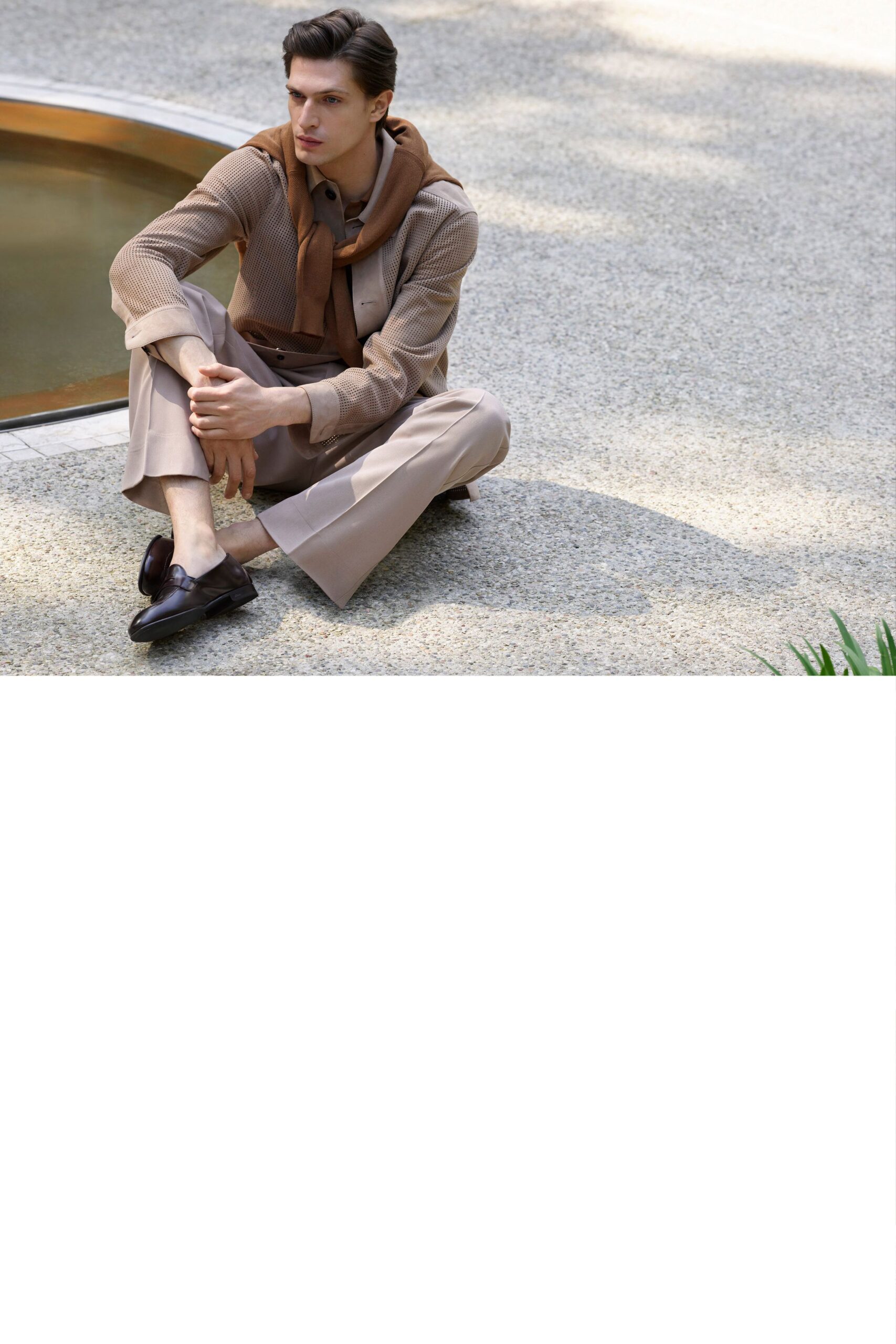 beige cotton shirt with tailored pants