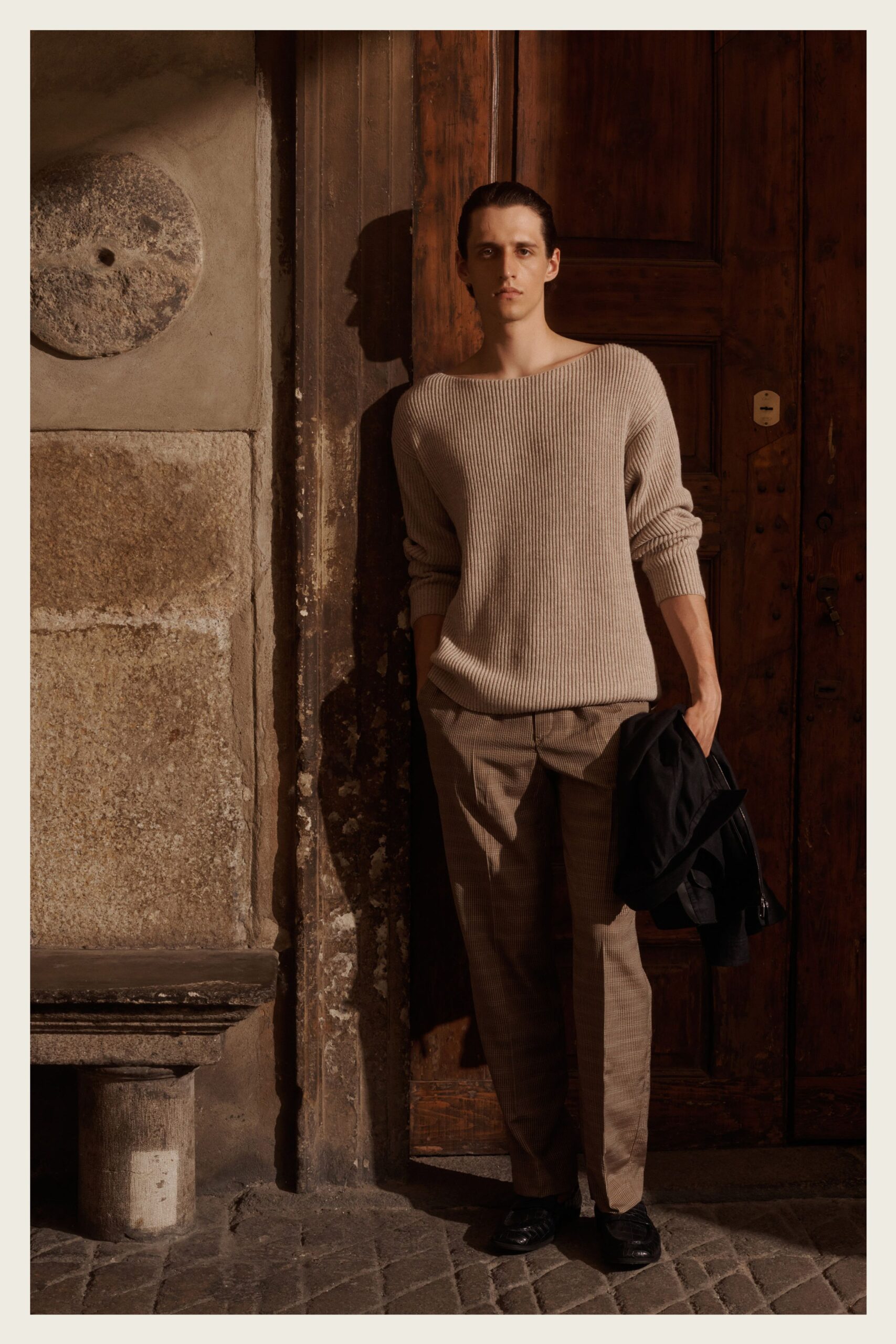 brown cotton tailored straight-leg textured pants