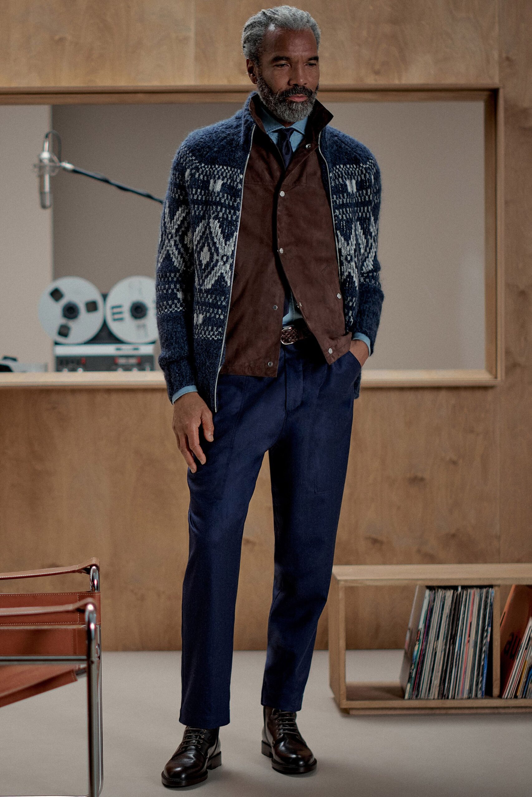 blue wool cardigan with brown vest