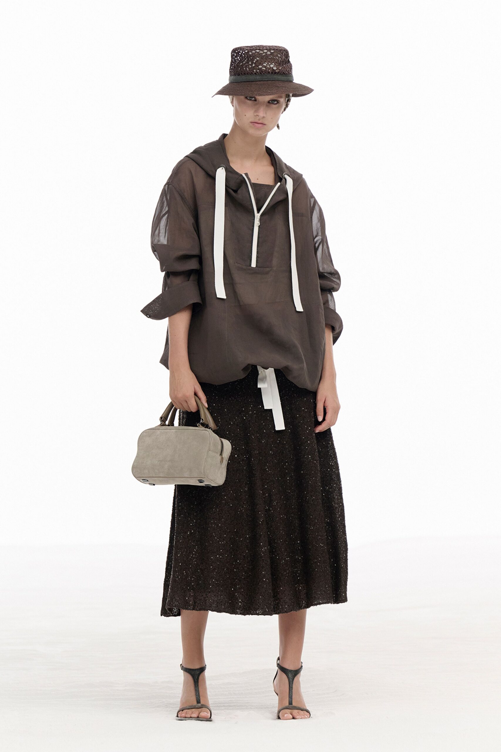 oversized brown hoodie with pleated skirt