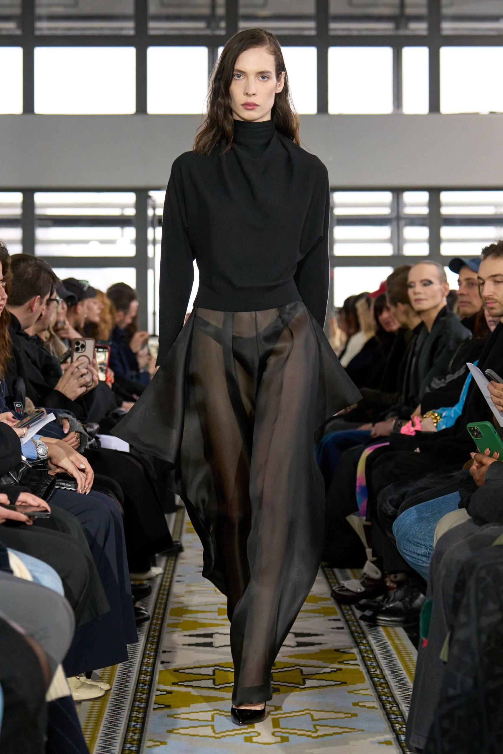 black silk fitted pleated sheer pants