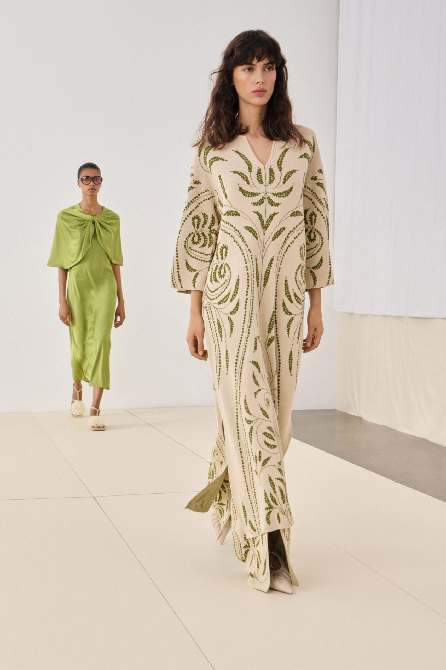 beige silk long-sleeve v-neck fitted embroidered flared gown