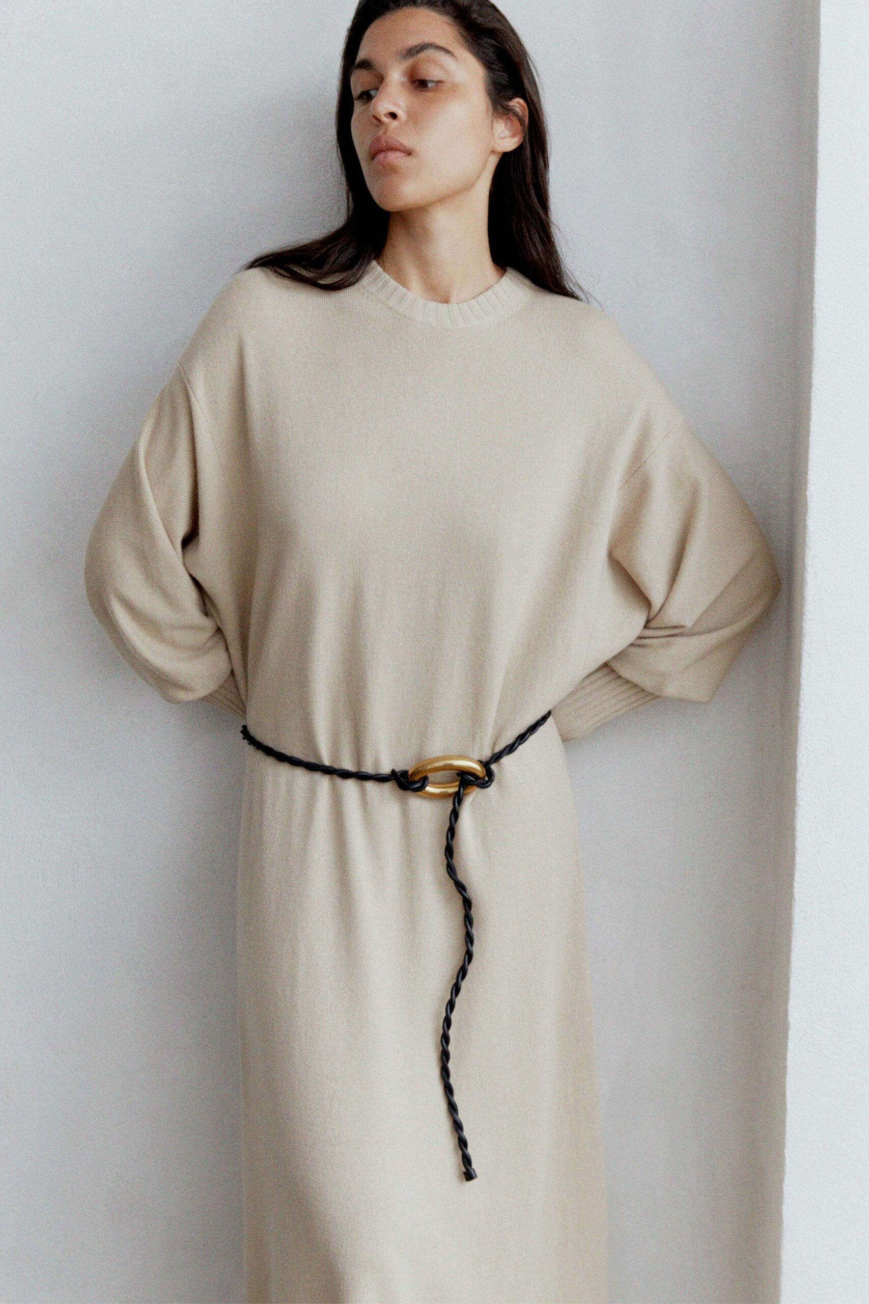 beige knit long-sleeve collared oversized belted textured dress