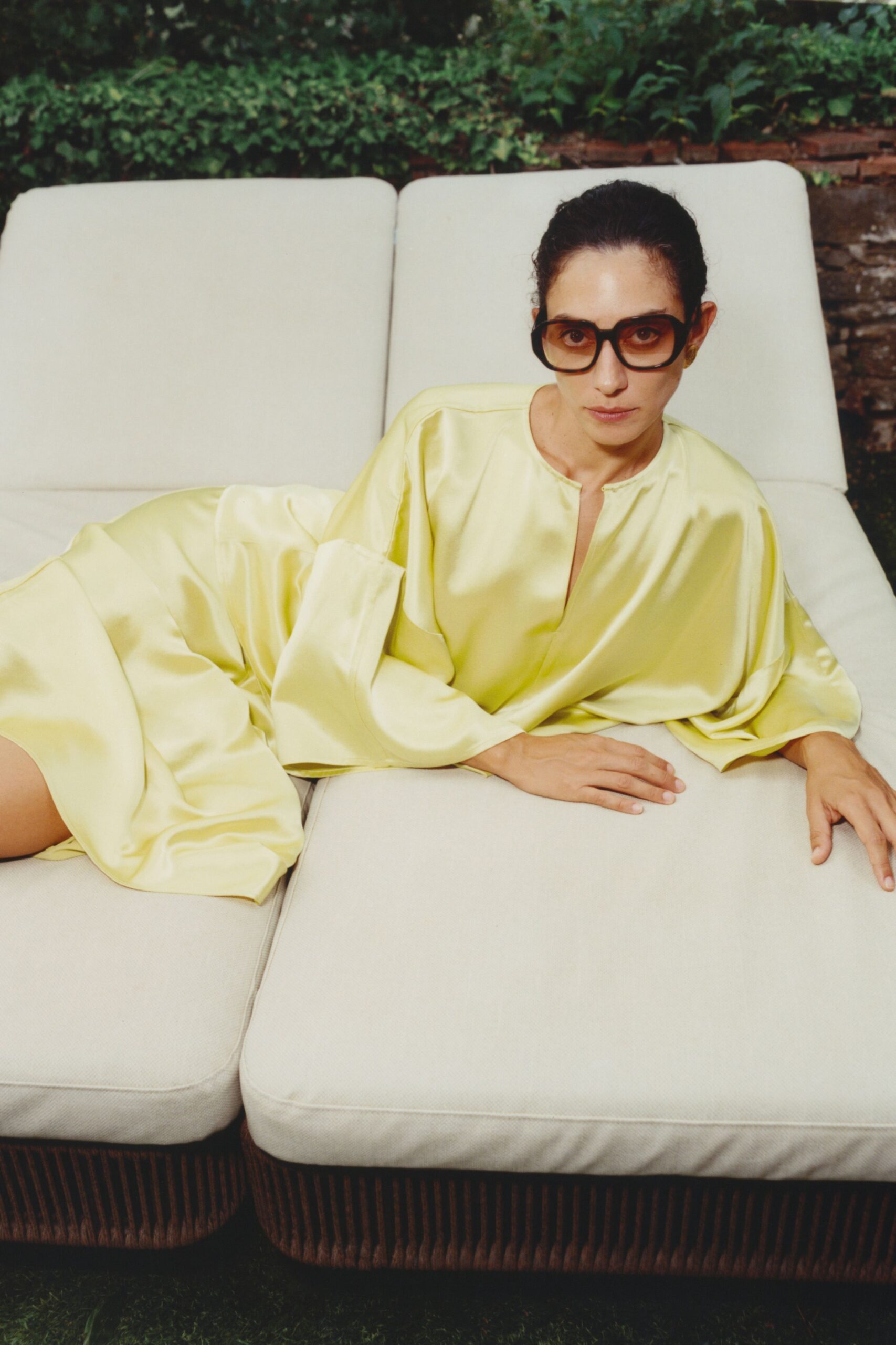 yellow silk long-sleeve v-neck relaxed draped shiny dress
