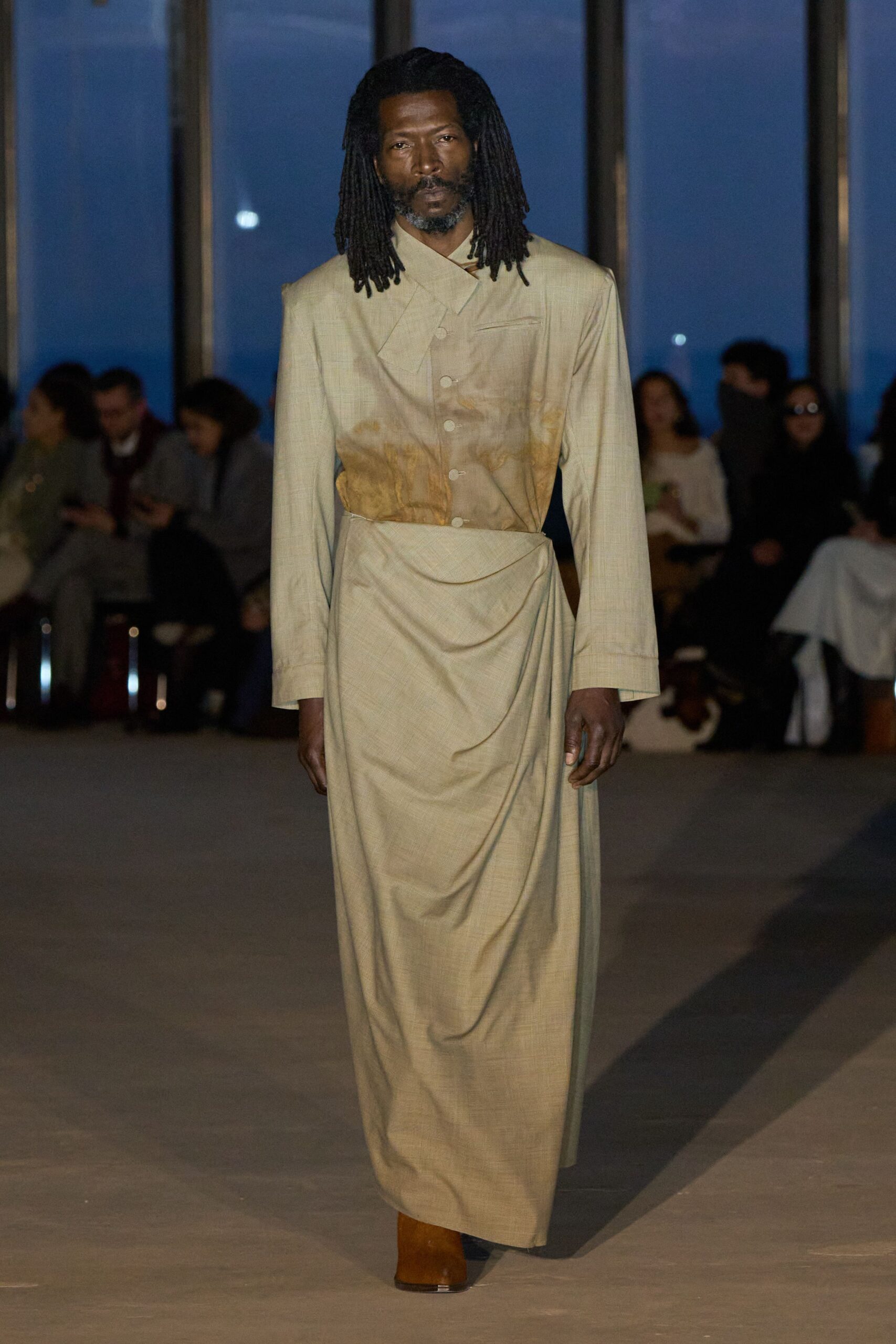 beige cotton long-sleeve collared relaxed draped maxi dress