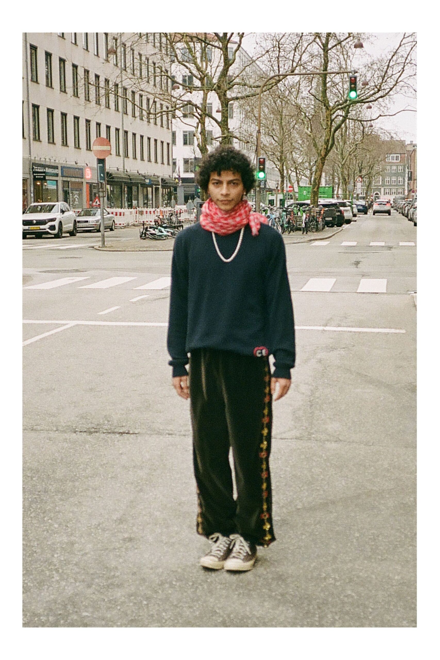 navy relaxed sweater with flared pants