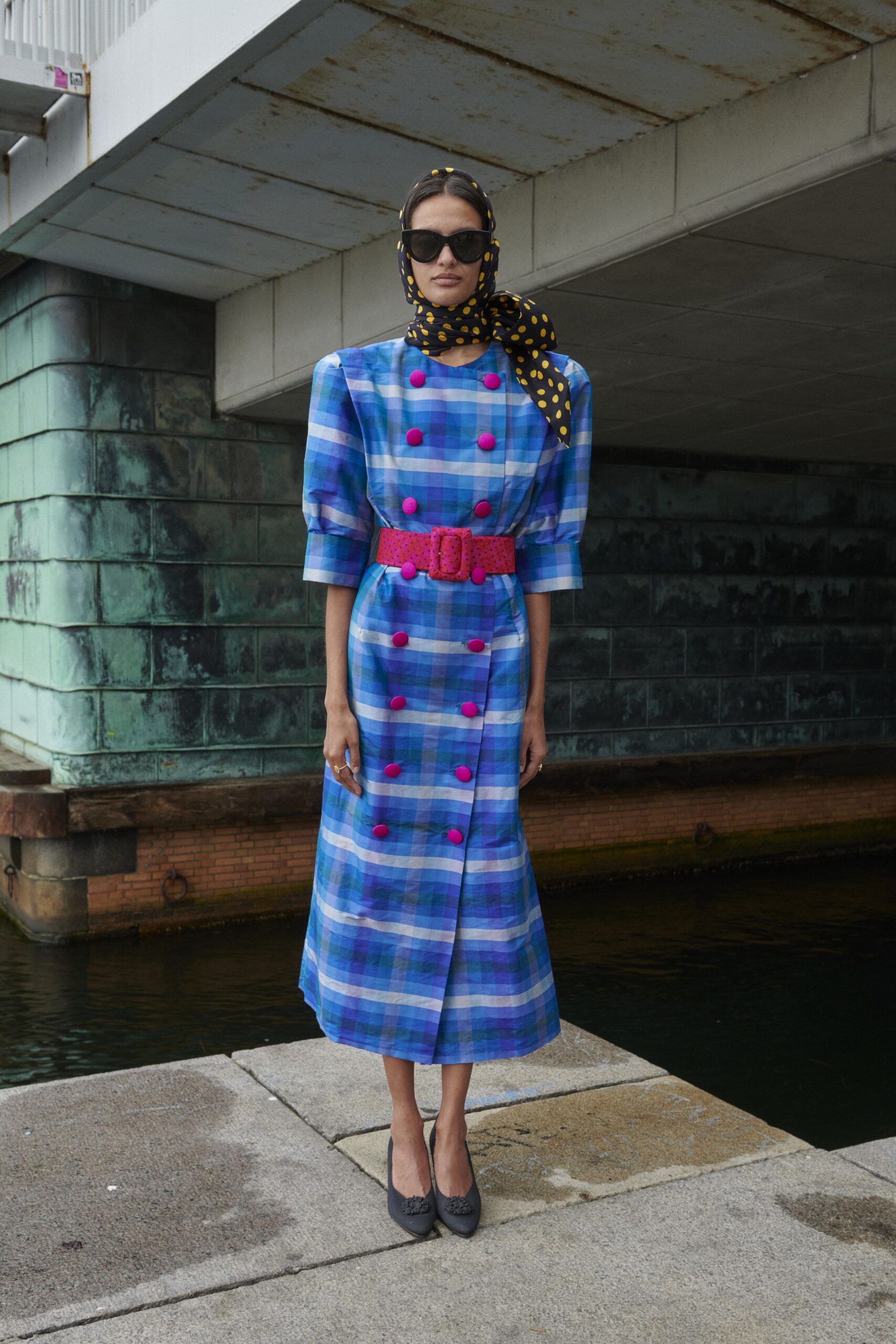 blue cotton short-sleeve high-neck structured checked buttoned dress