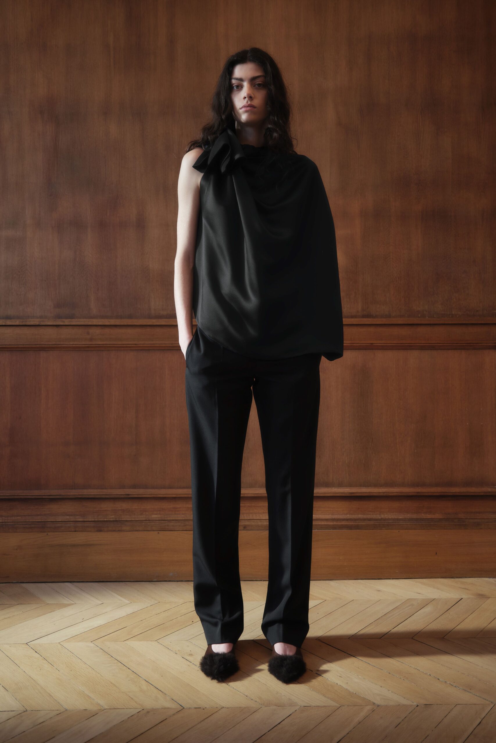 black silk sleeveless high-neck relaxed draped top