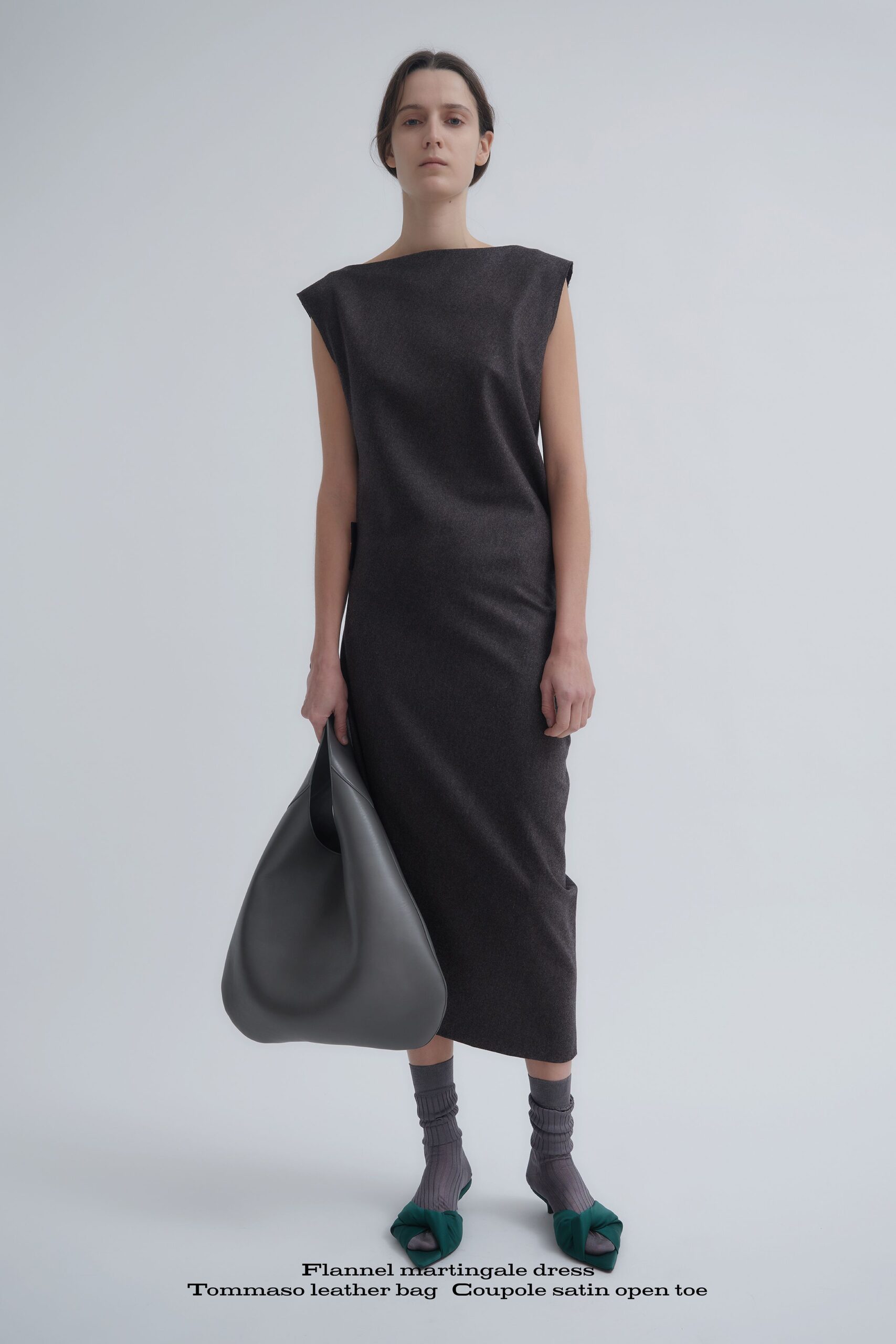 gray wool sleeveless high-neck fitted straight-leg midi dress
