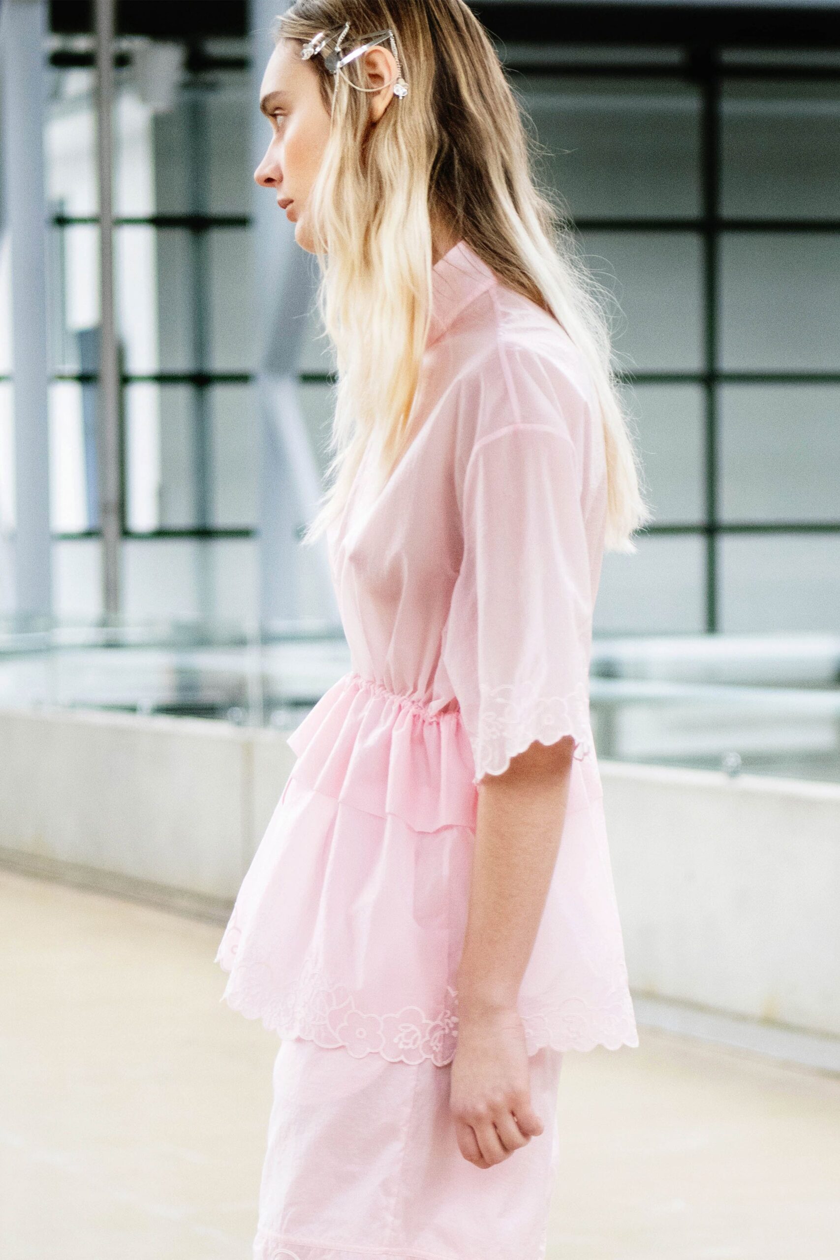pink chiffon short-sleeve collared relaxed pleated layered blouse
