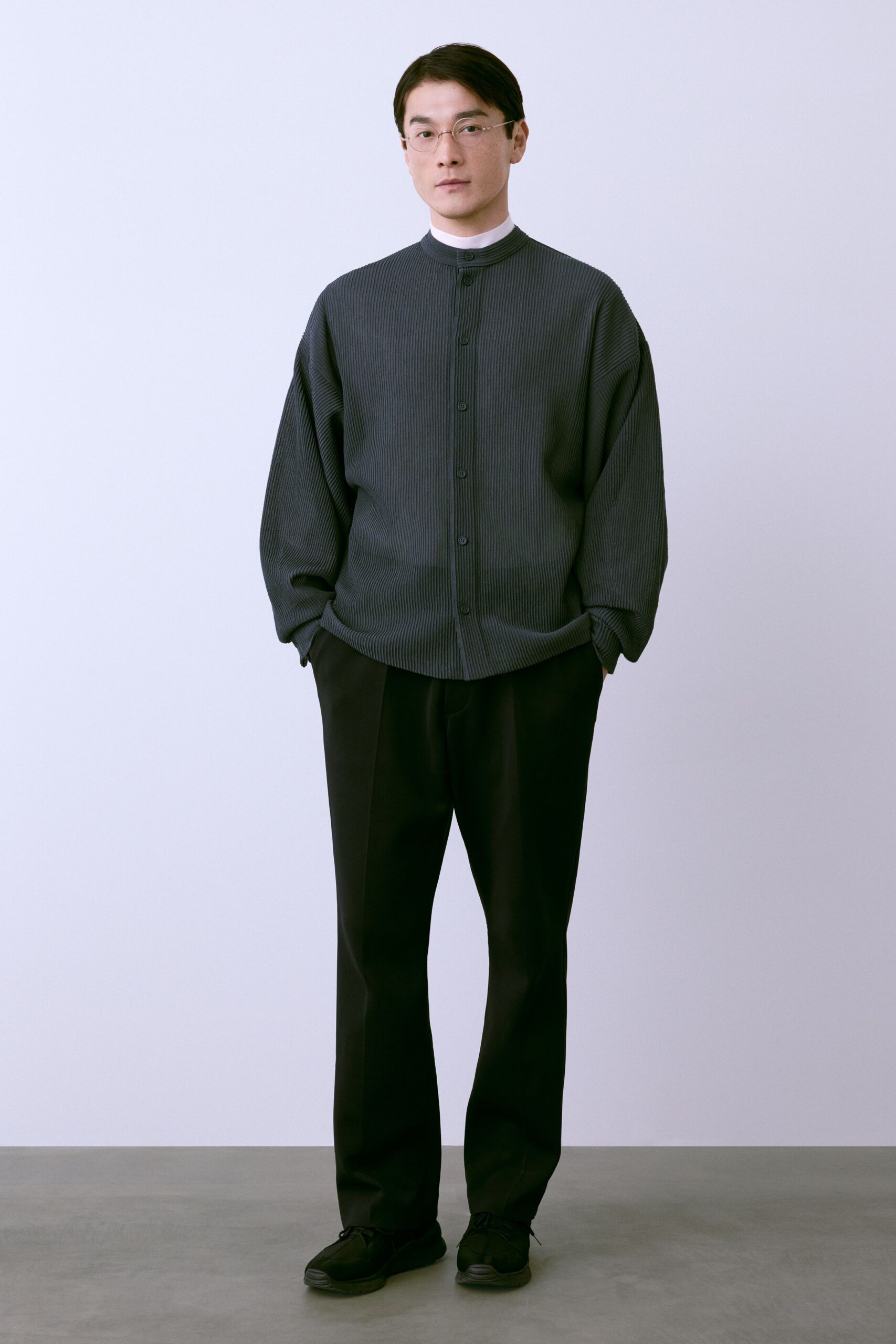 gray relaxed shirt black tailored pants