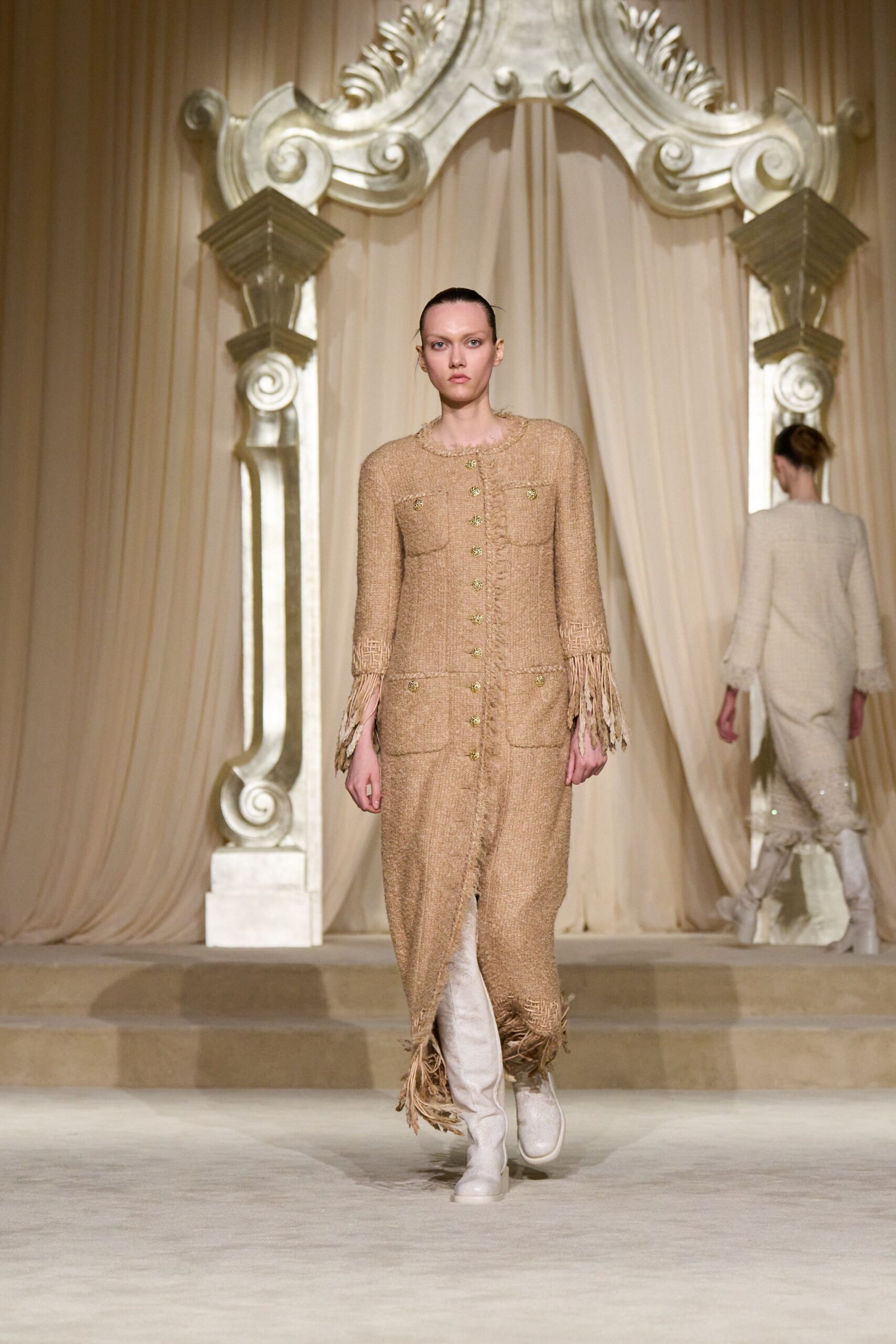 beige cotton long-sleeve collared fitted buttoned fringed dress