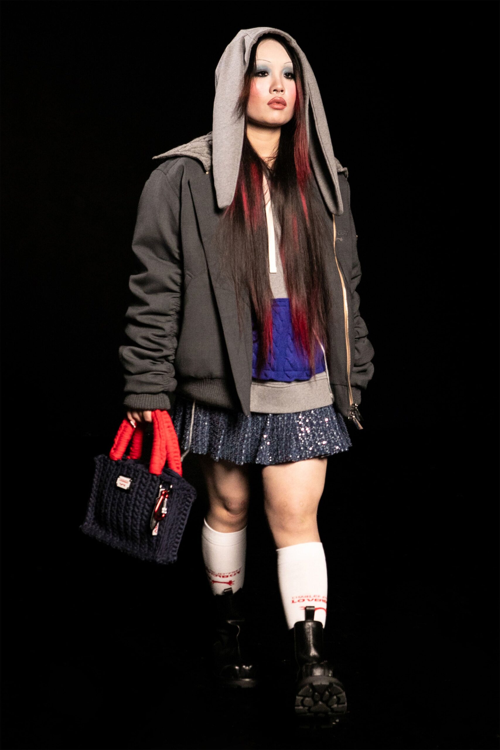 oversized gray jacket with blue top