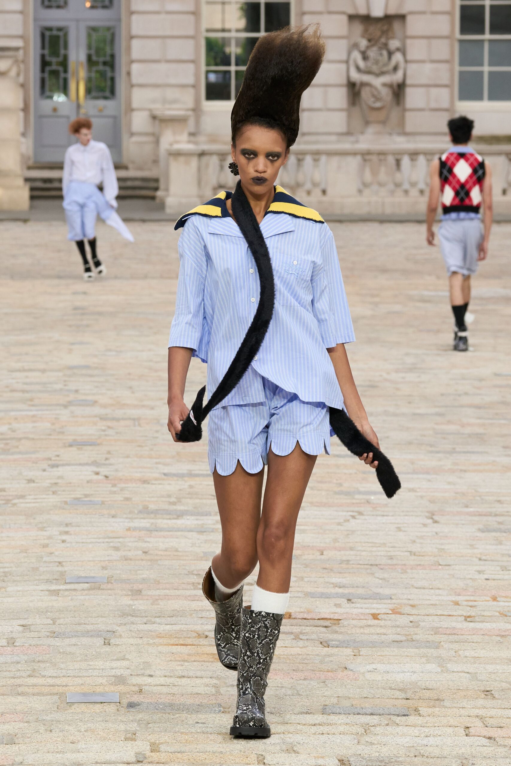 blue and white striped shirt with scalloped shorts