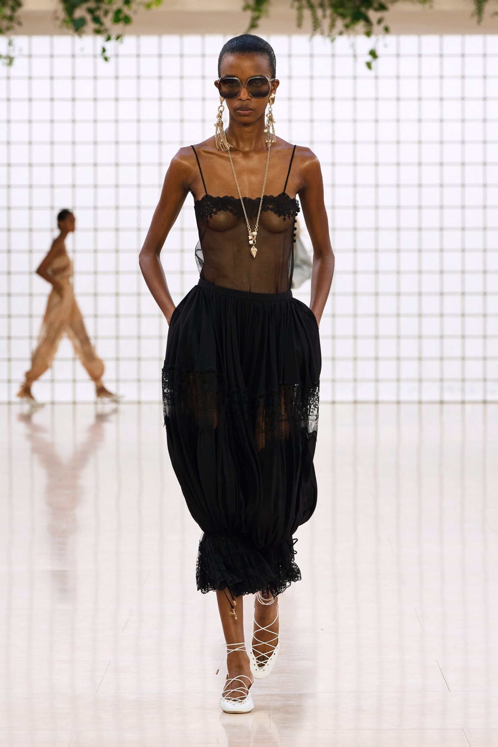 black sheer midi dress with lace