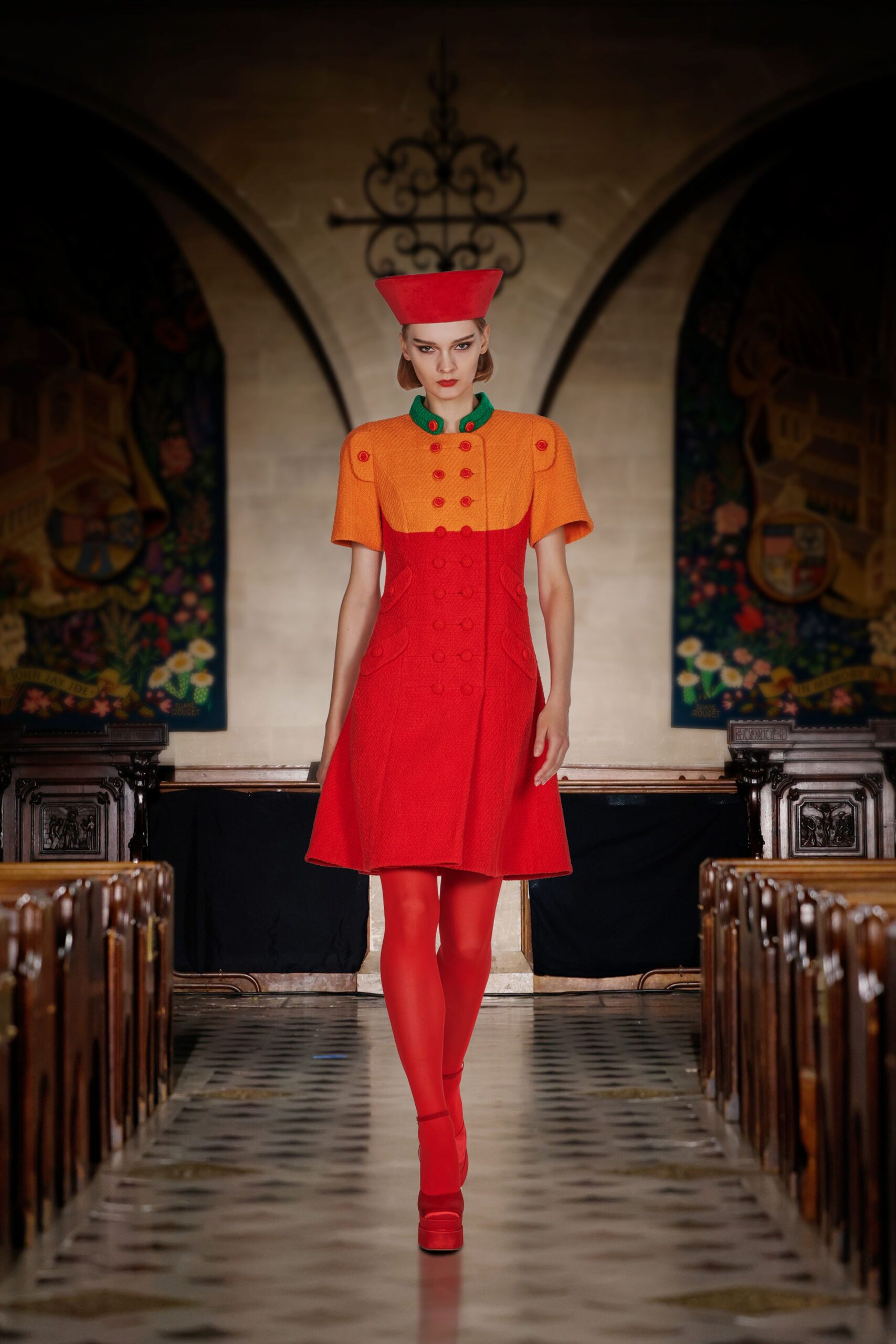 red cotton short-sleeve collared fitted buttoned color-blocked dress
