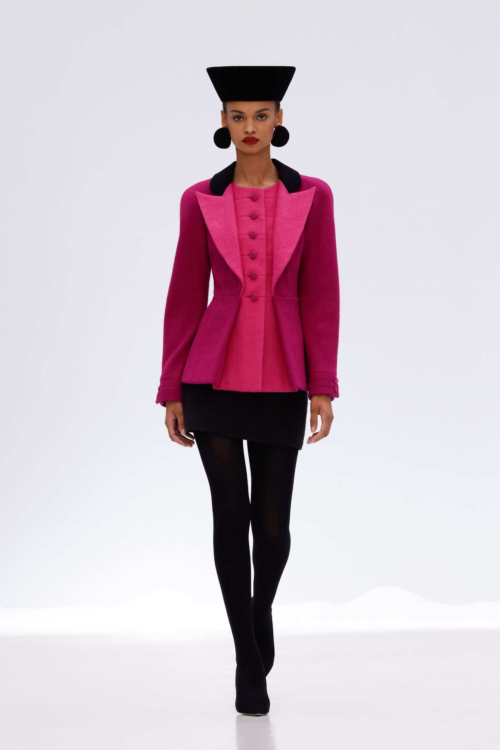 pink wool long-sleeve collared fitted structured buttoned blazer