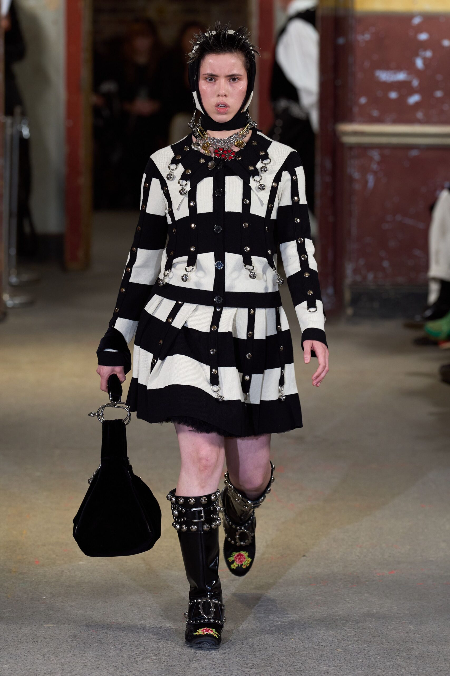 black cotton long-sleeve collared fitted striped buttoned dress