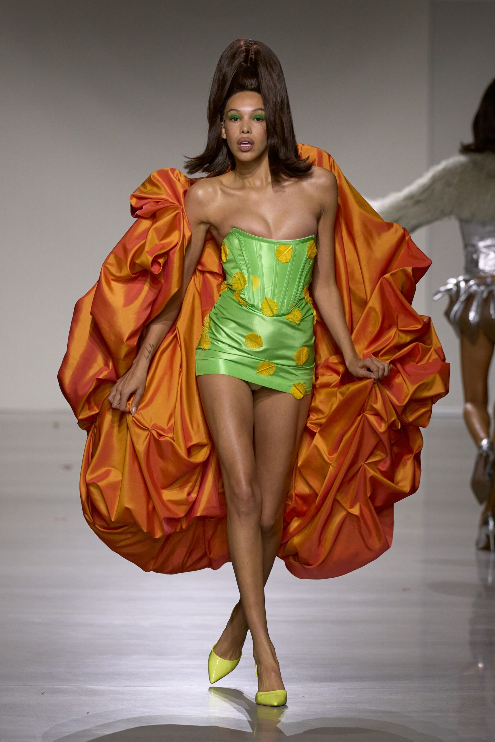 green silk strapless fitted pleated draped mini dress