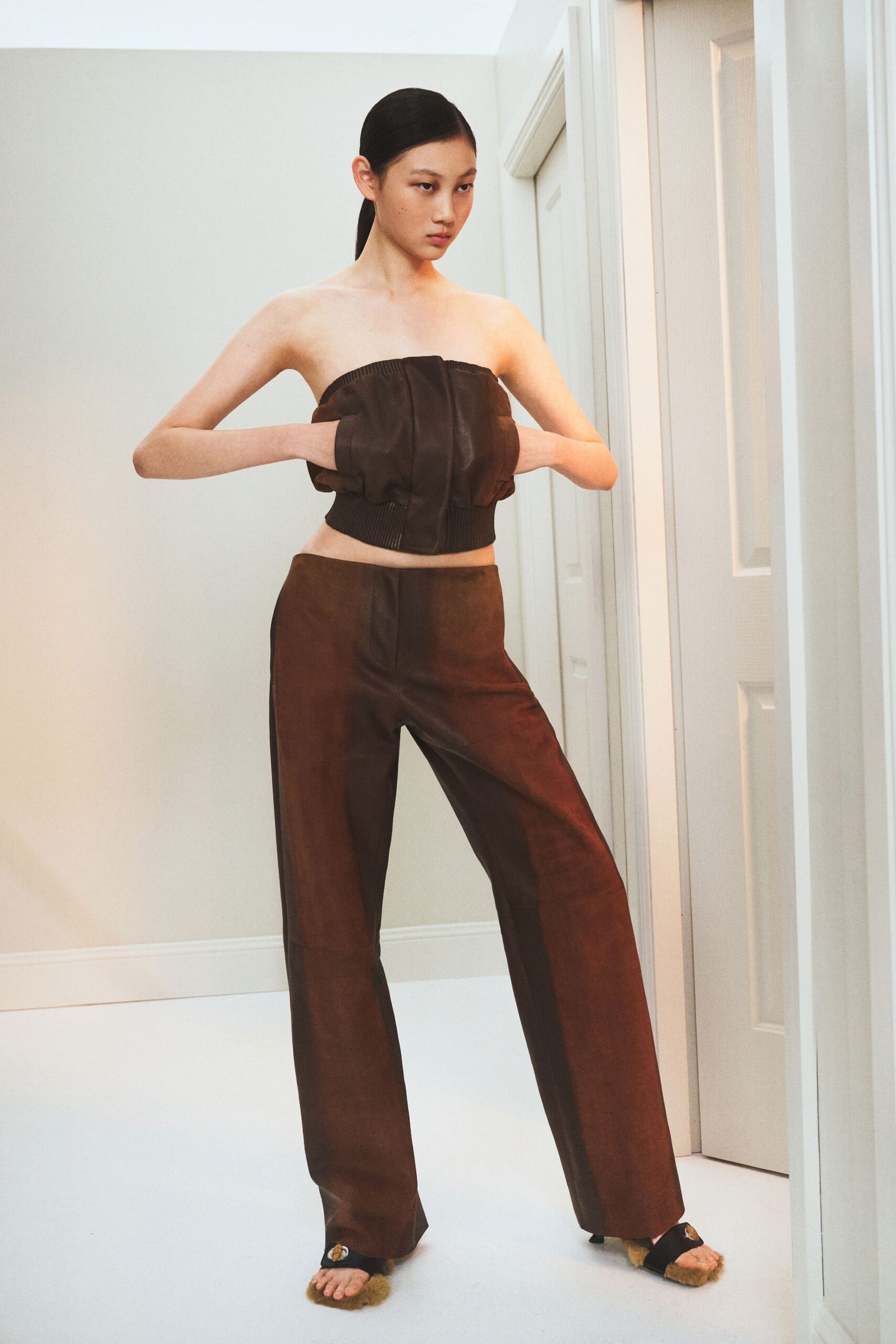brown leather strapless fitted top