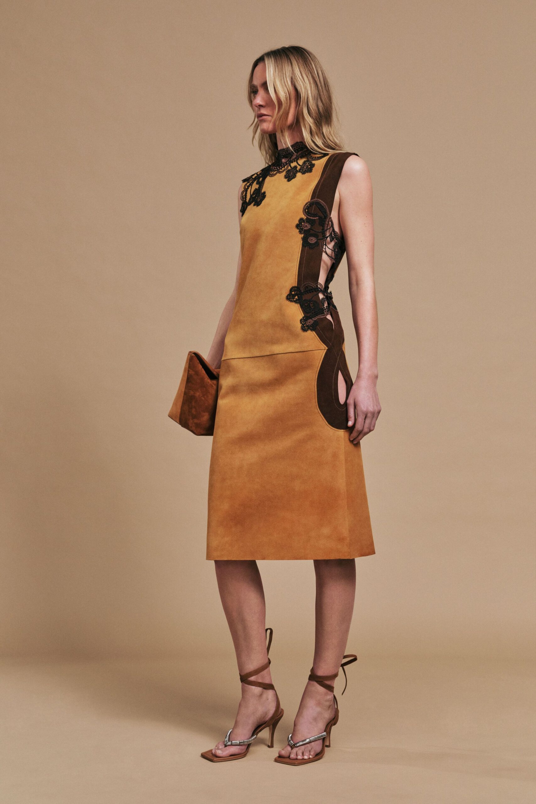 brown suede sleeveless high-neck fitted embroidered midi dress