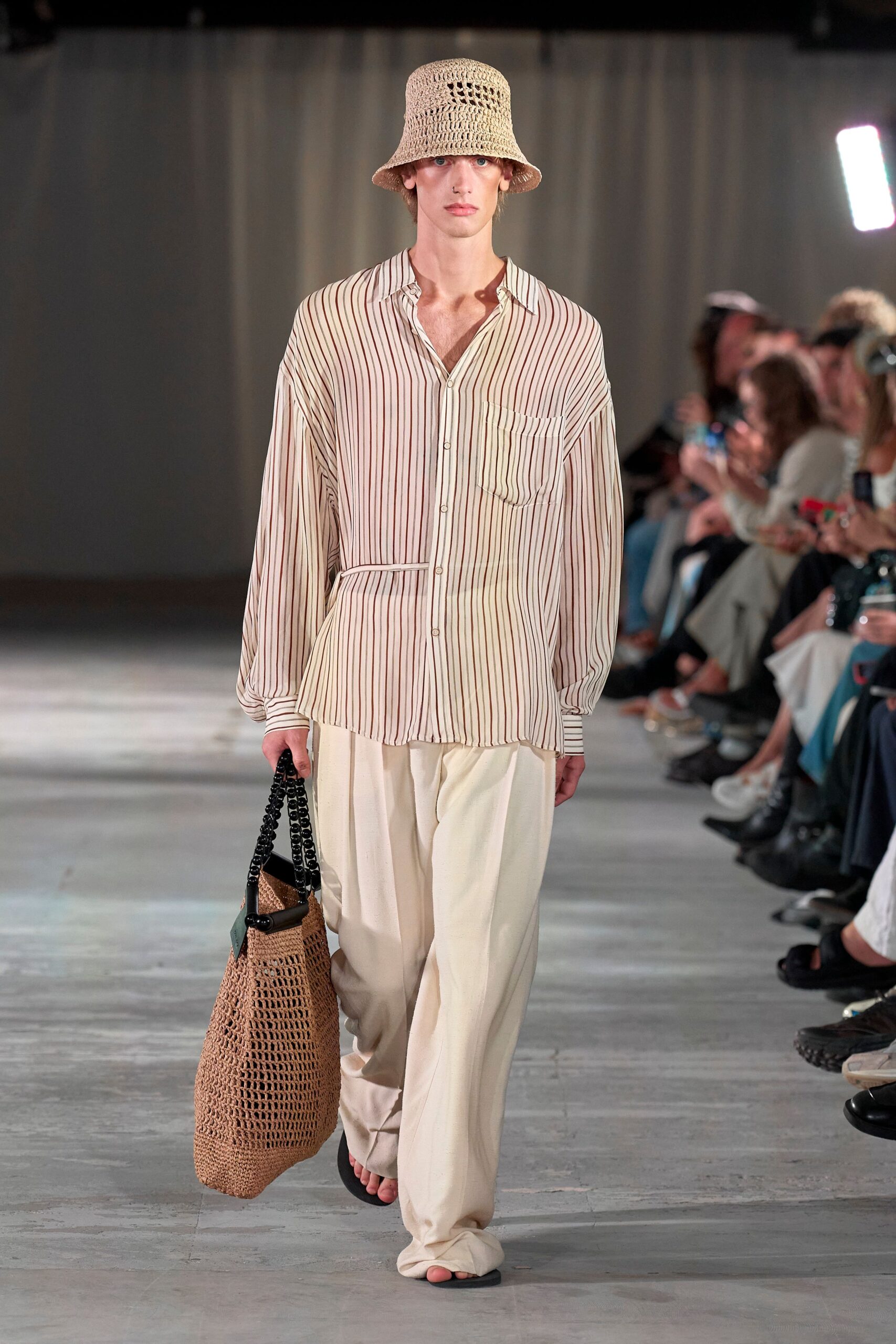 beige cotton long-sleeve collared relaxed striped shirt