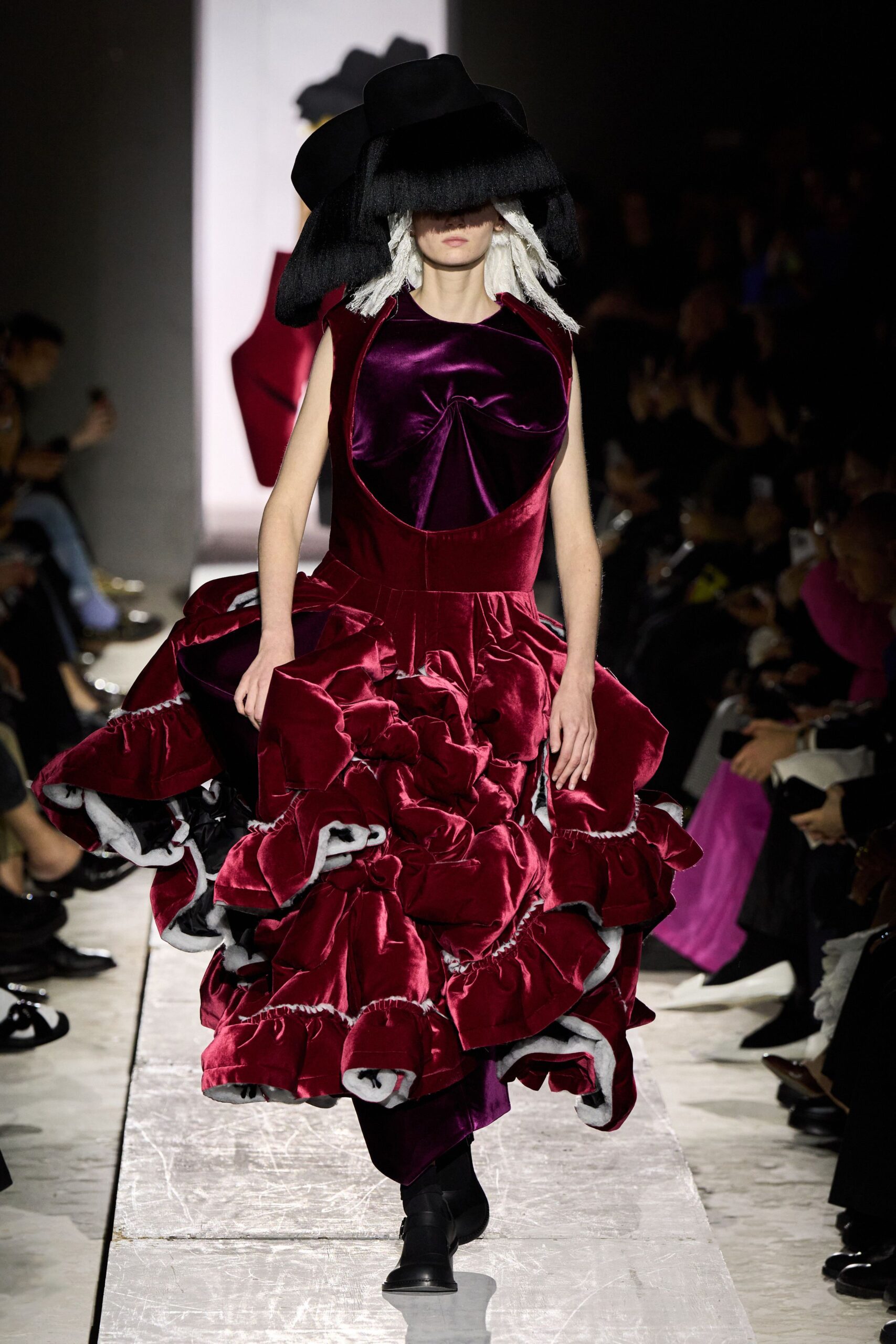 red velvet ruffled midi dress