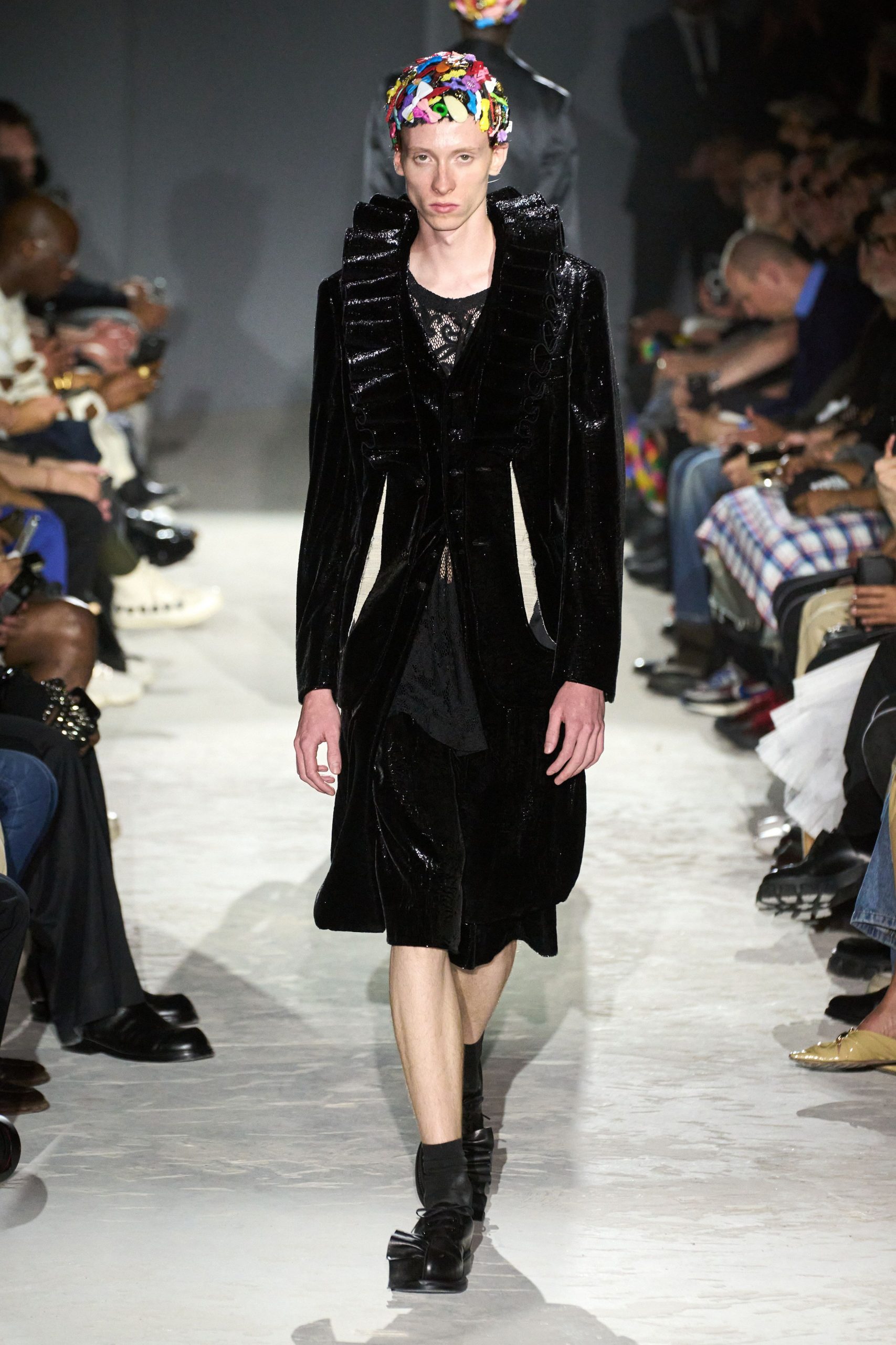 black velvet long-sleeve collared fitted pleated draped coat