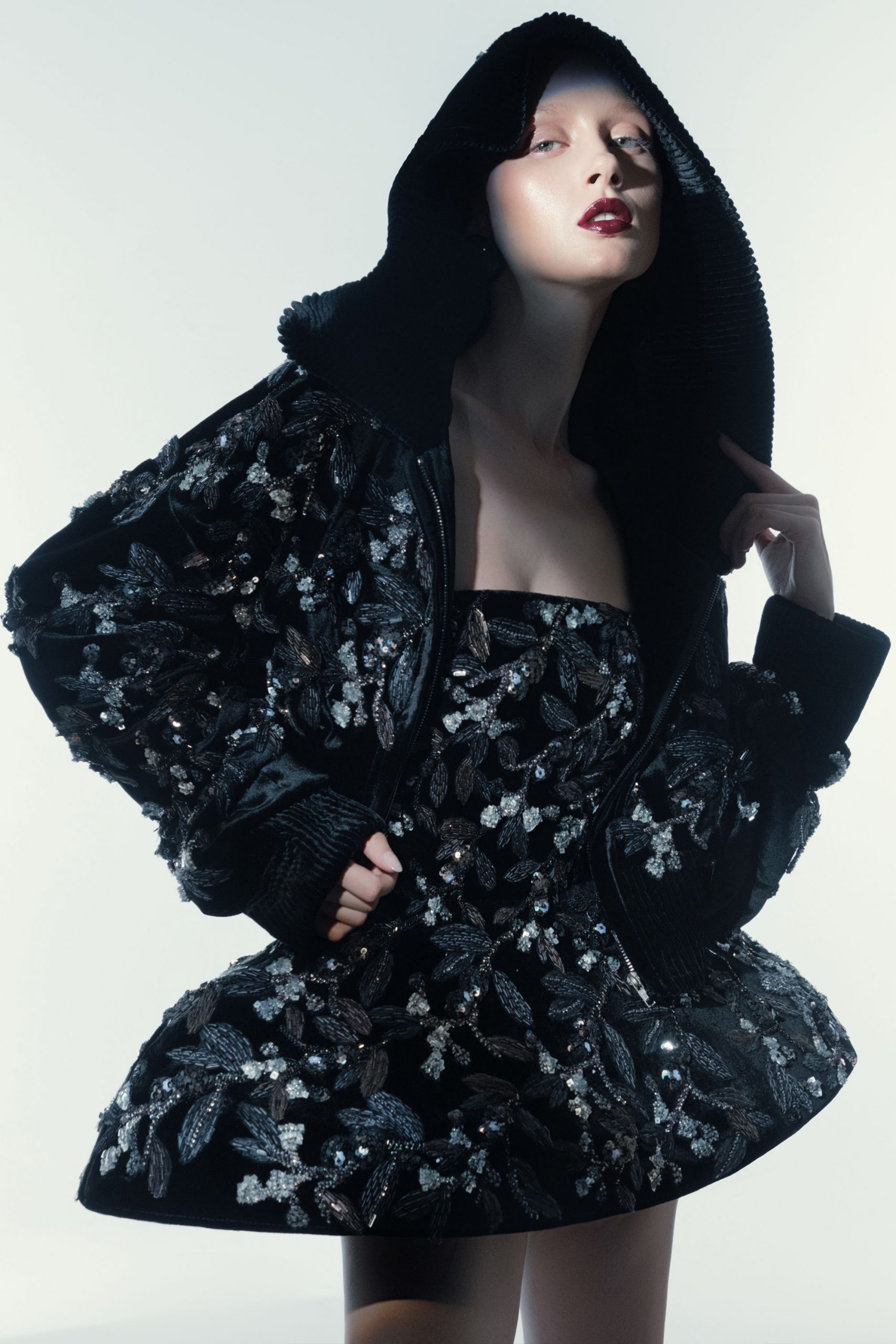 black velvet sleeveless high-neck fitted embellished flared dress