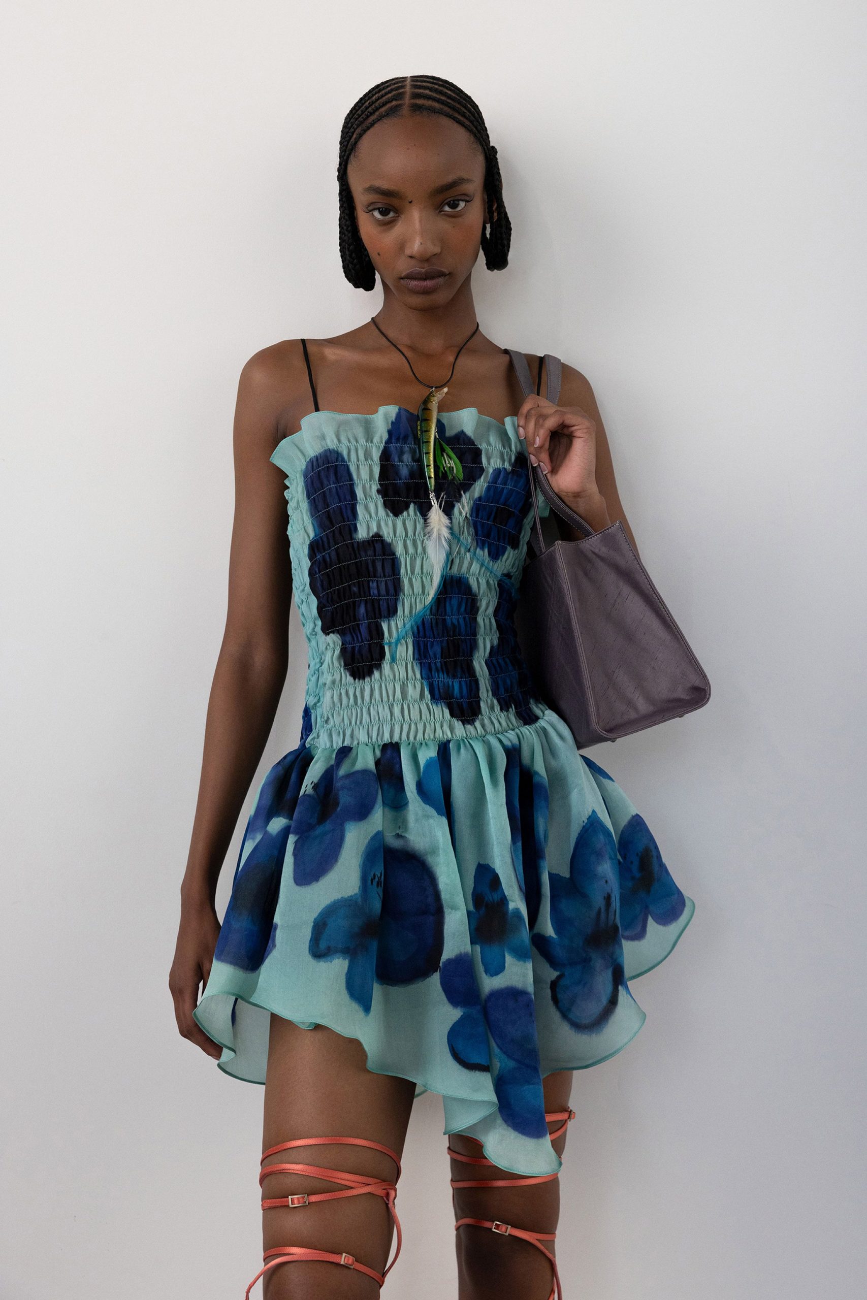 blue chiffon sleeveless v-neck fitted flared pleated dress