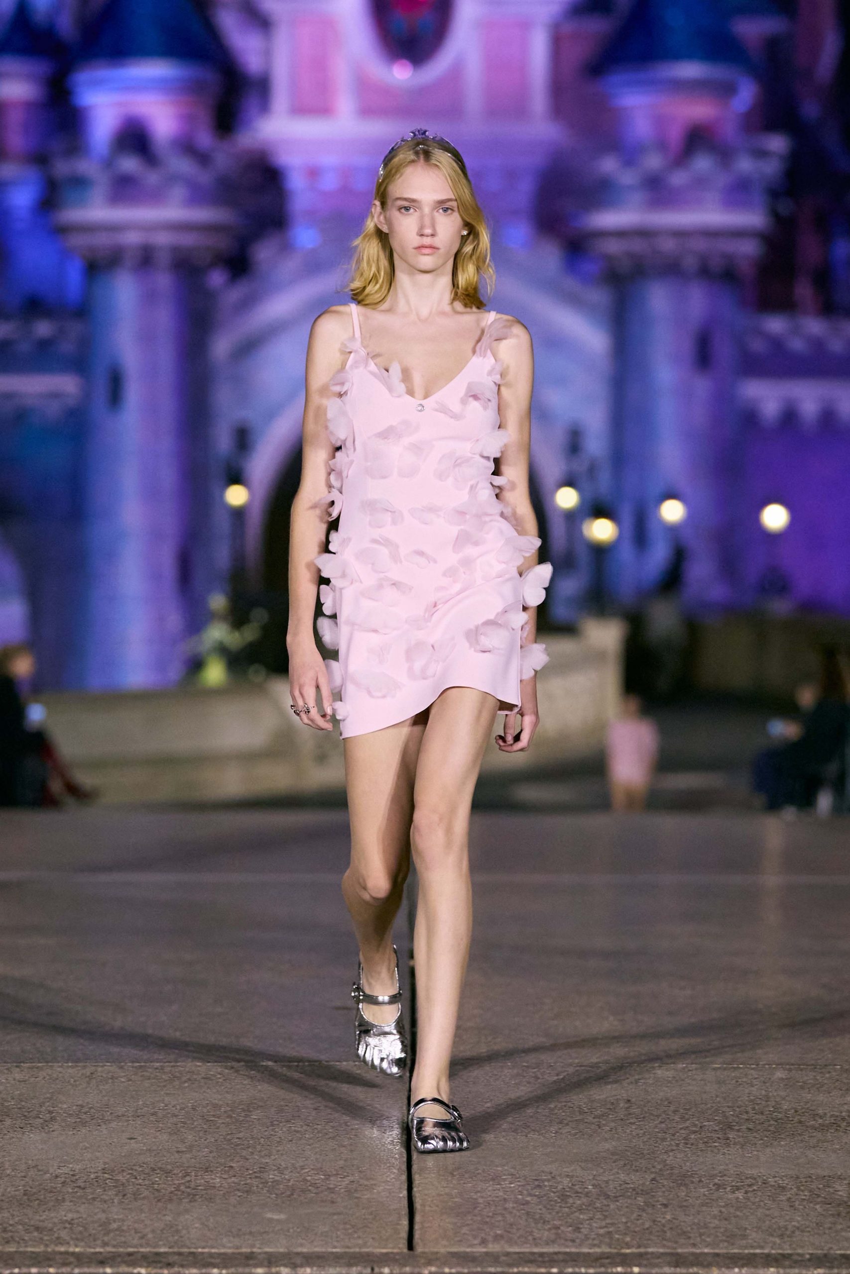 pink silk sleeveless v-neck fitted ruffled mini mini-dress