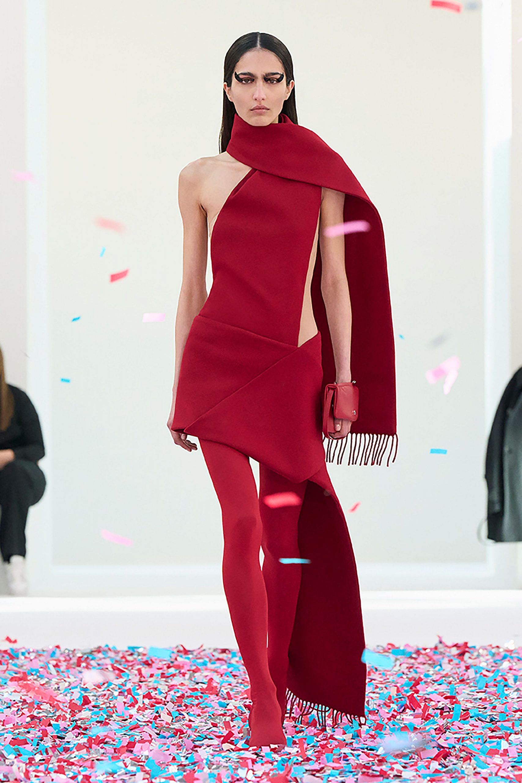 red wool sleeveless asymmetric fitted draped mini dress