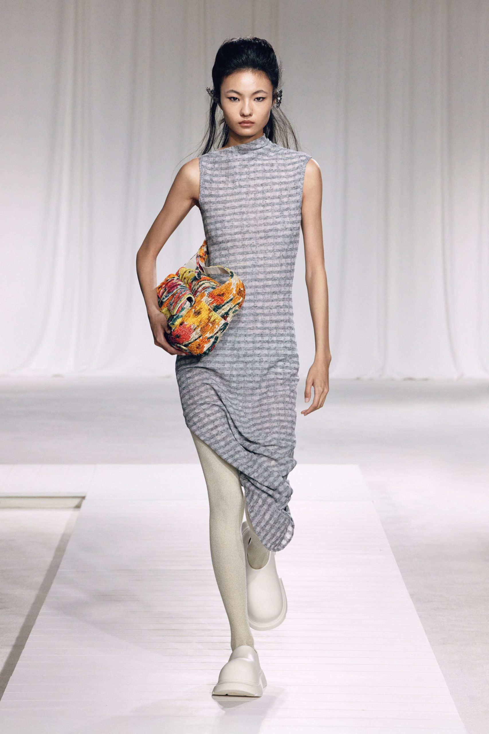 gray cotton sleeveless high-neck fitted draped midi dress