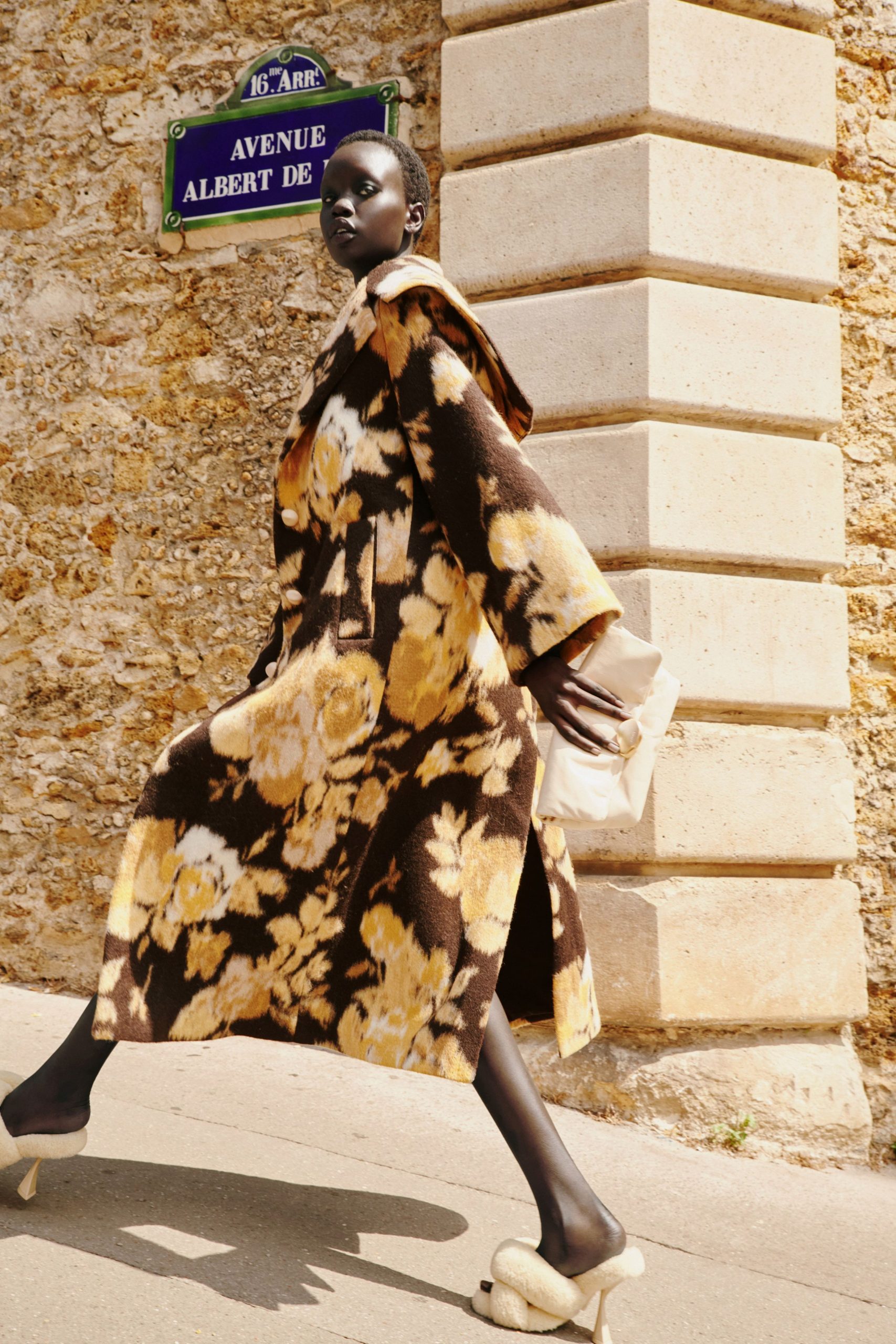 brown wool long-sleeve collared relaxed floral buttoned coat