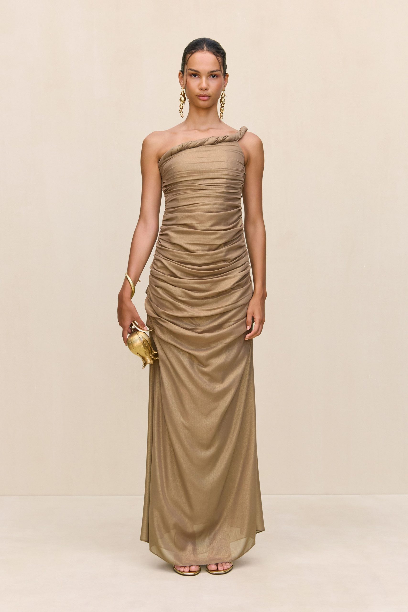 beige silk one-shoulder gown