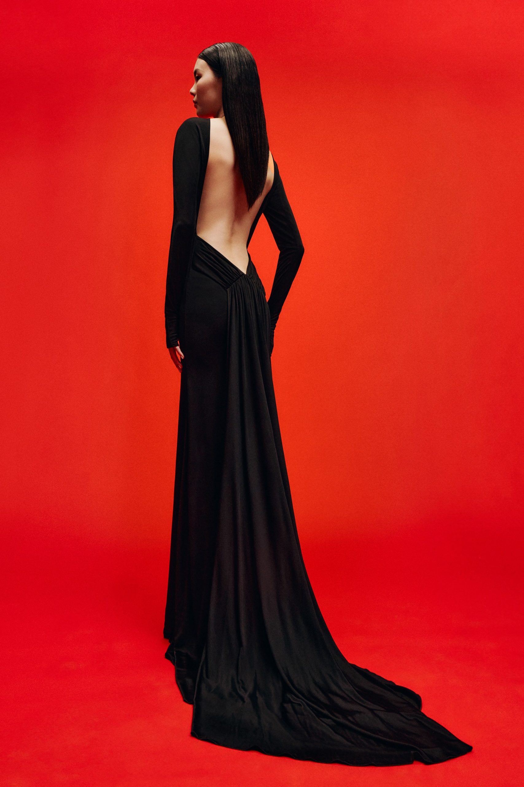 black silk fitted gown