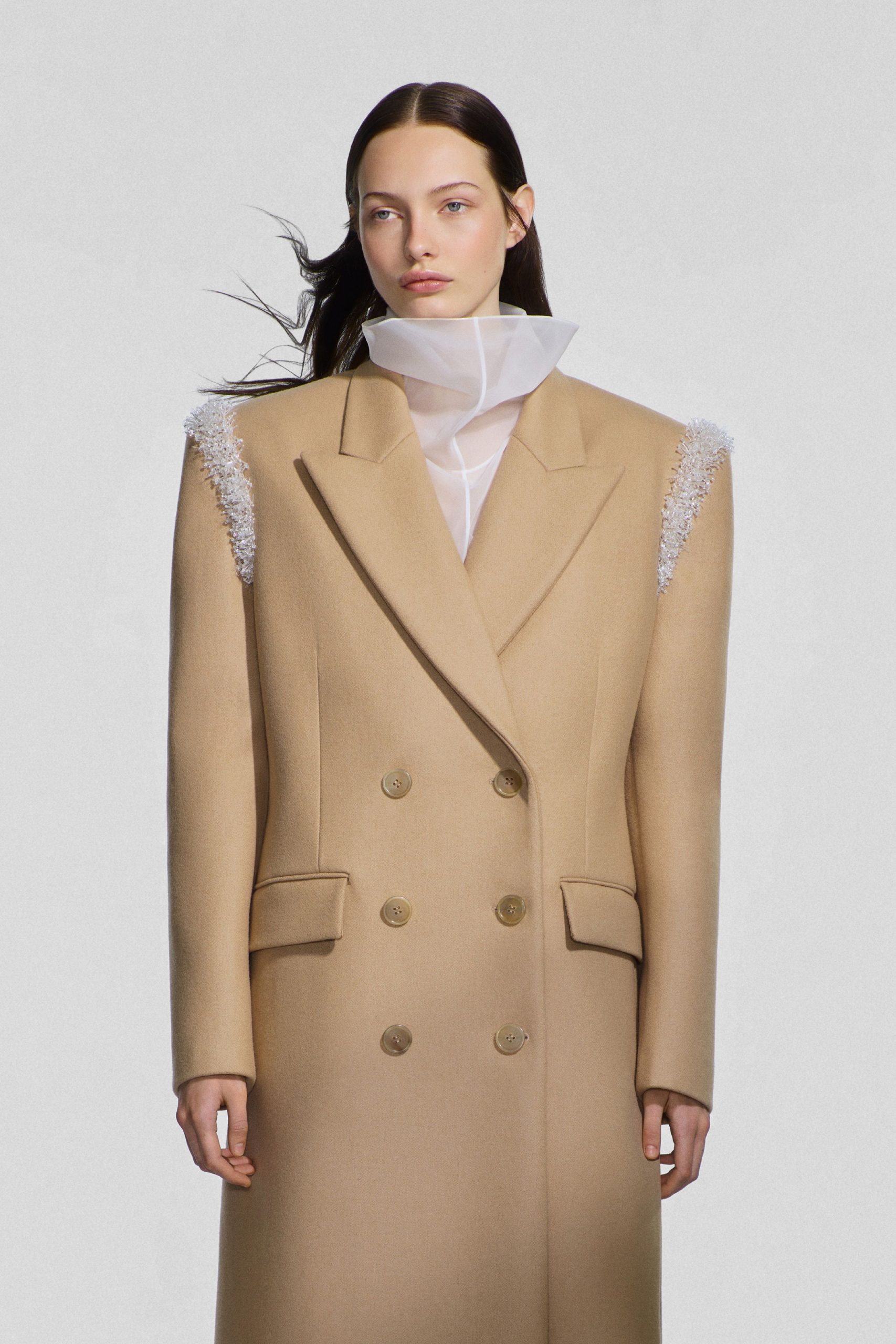beige wool long-sleeve collared structured embellished coat