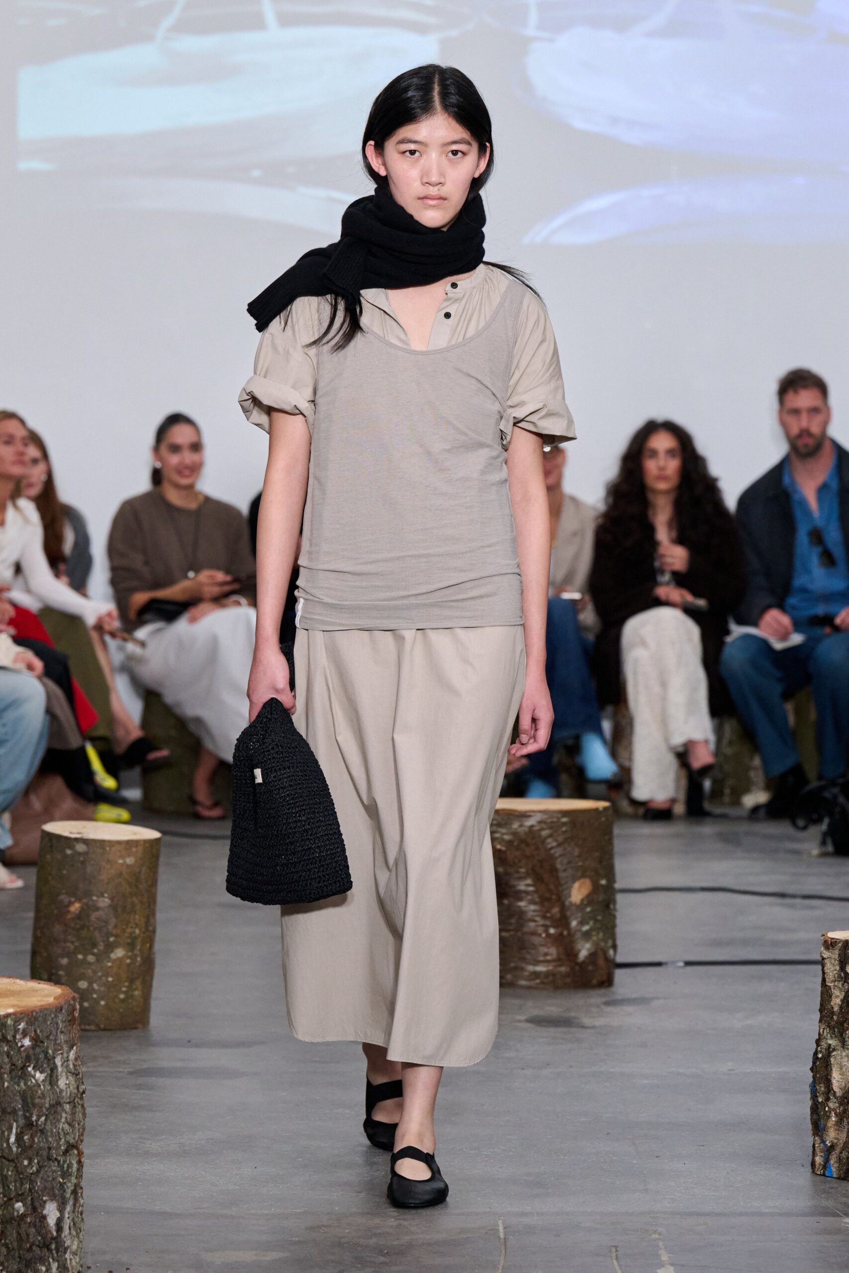 gray relaxed top with beige pants