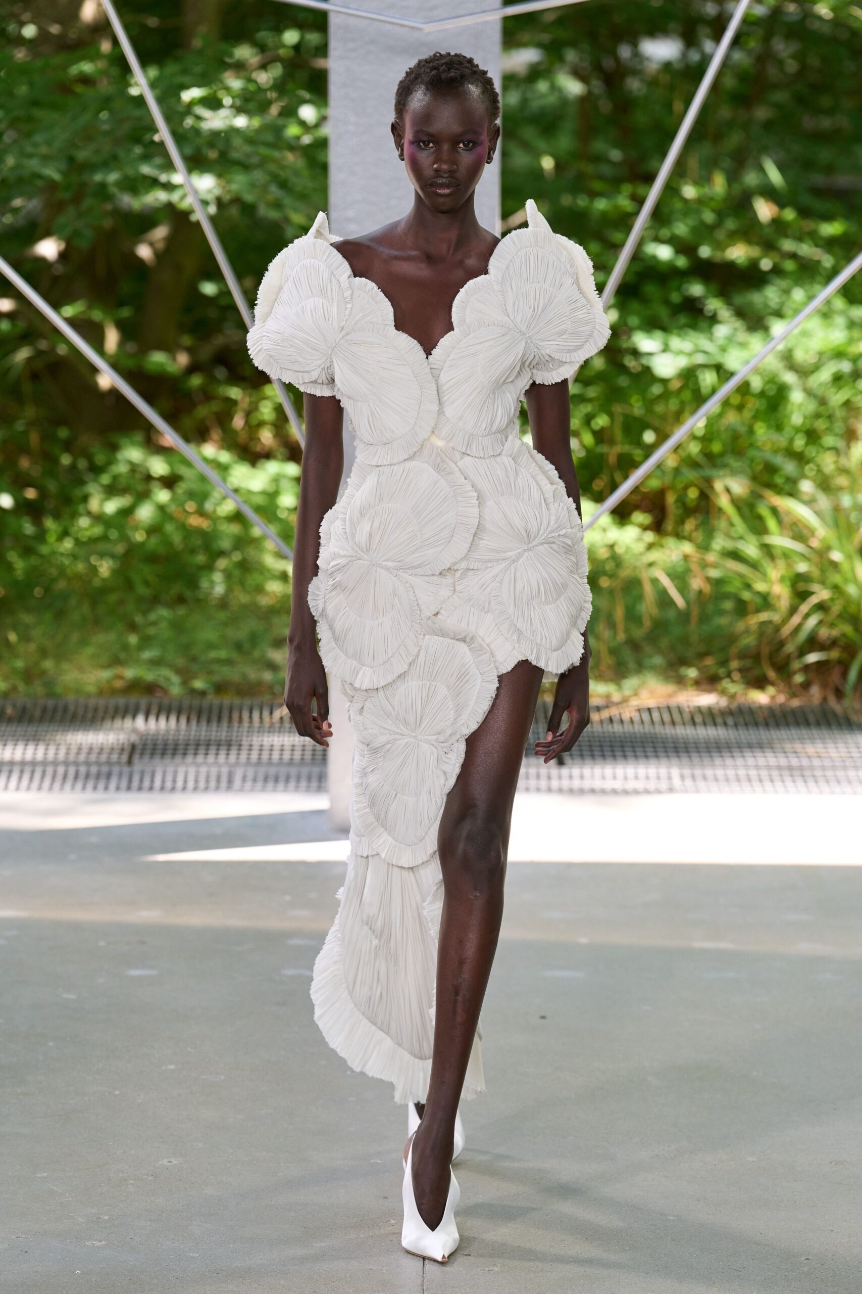 white pleated maxi gown with heels