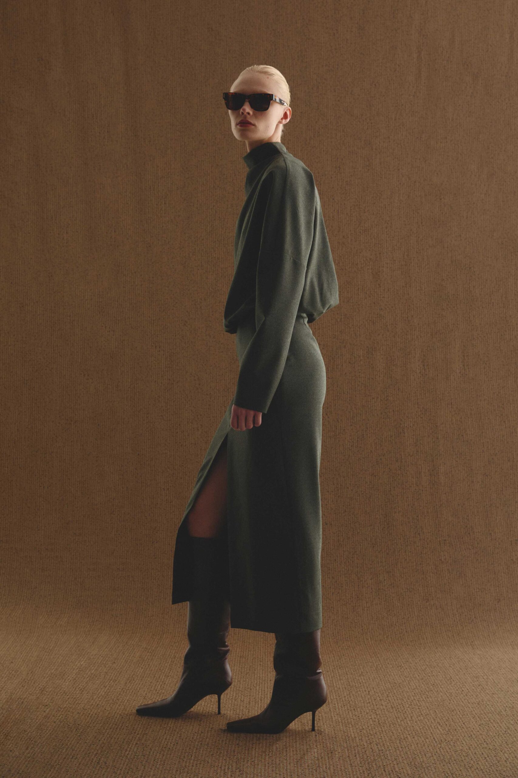 green wool long-sleeve high-neck fitted straight-leg midi dress