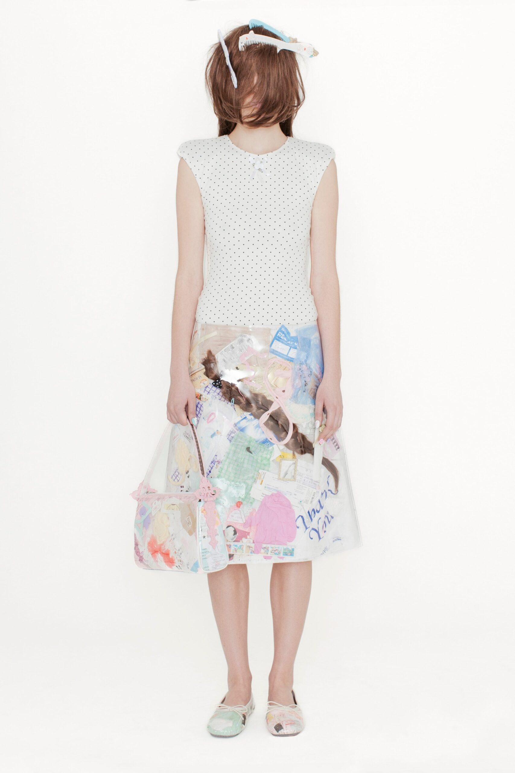 white polka-dot top with clear skirt