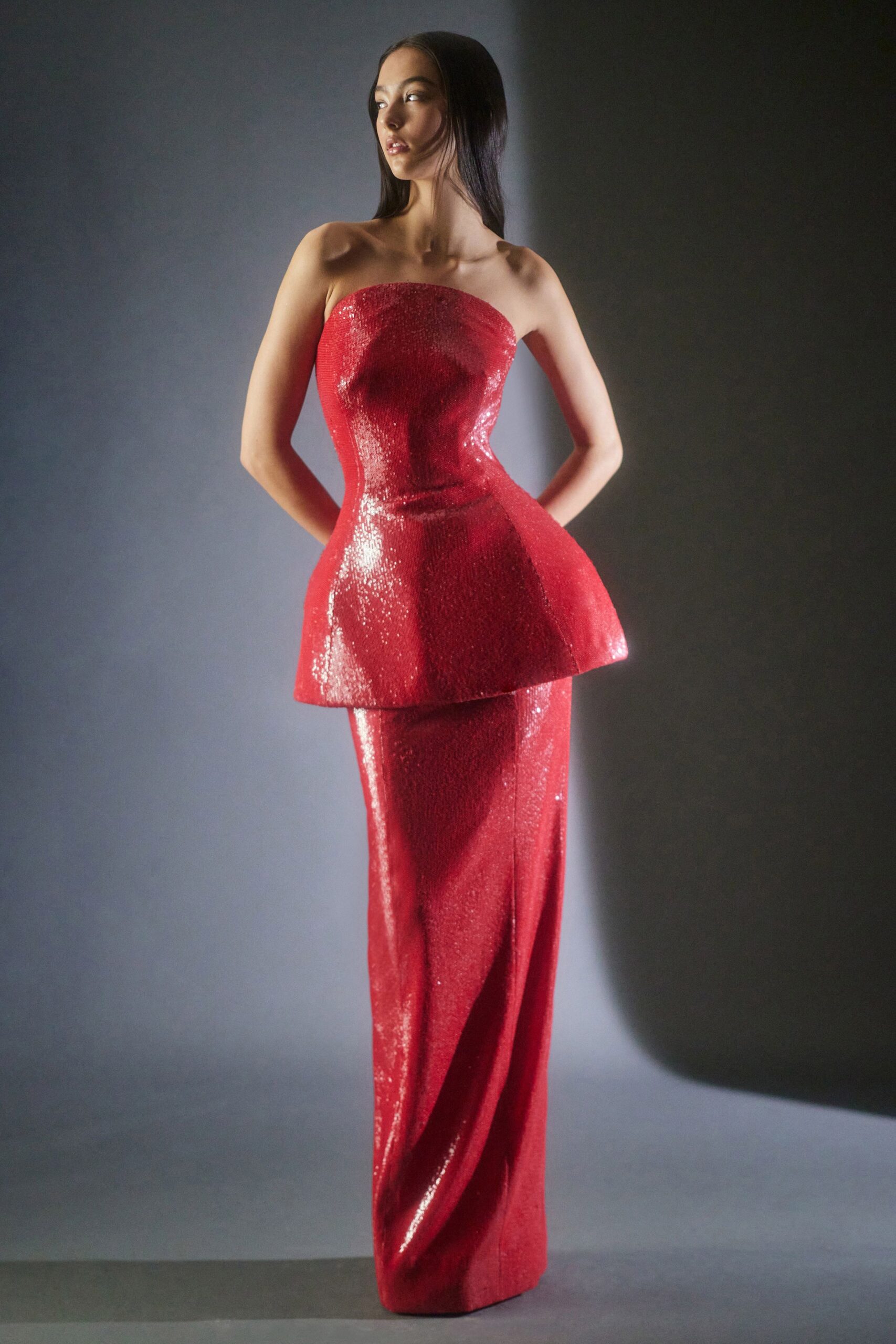 red strapless embellished gown