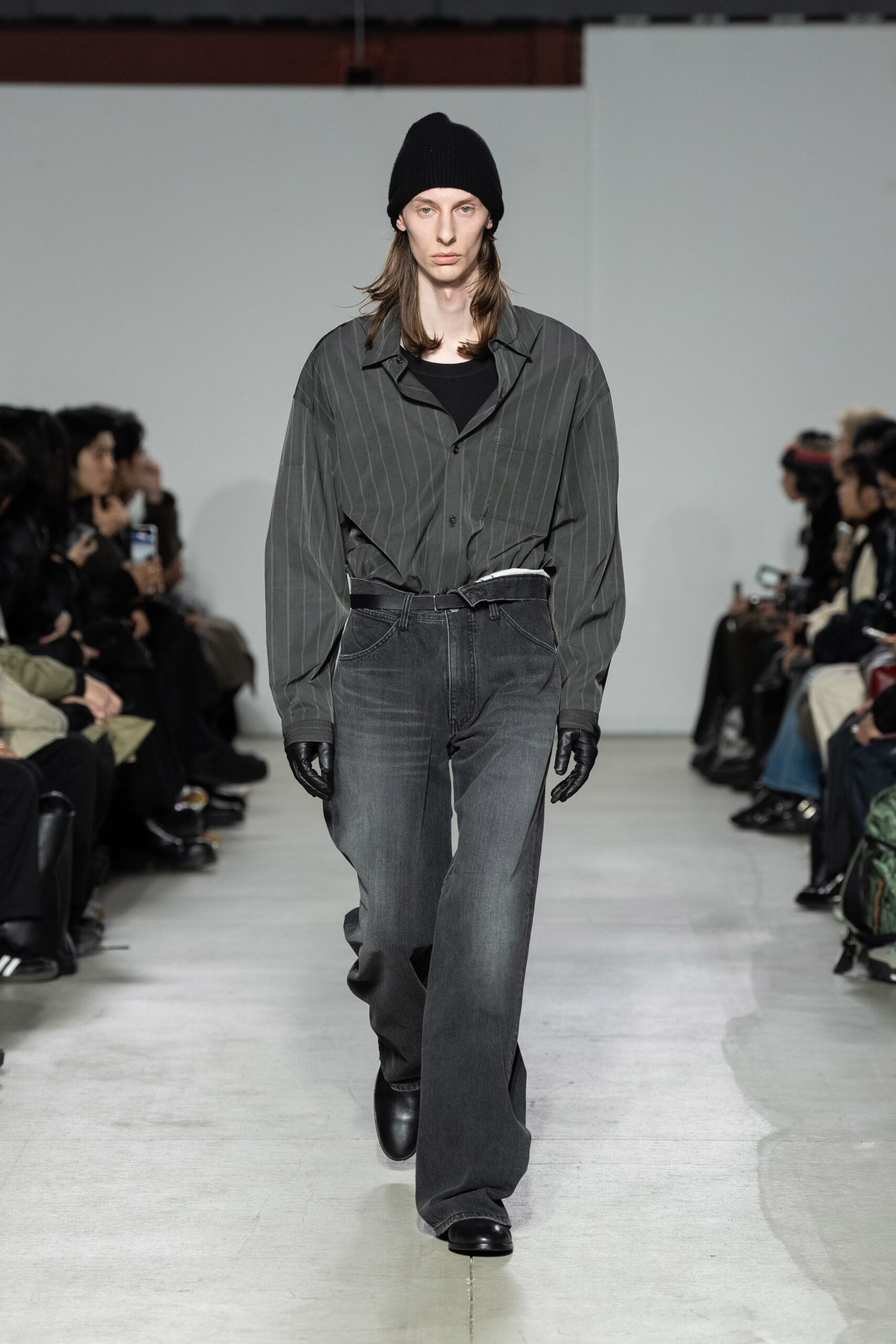 gray striped shirt with black pants