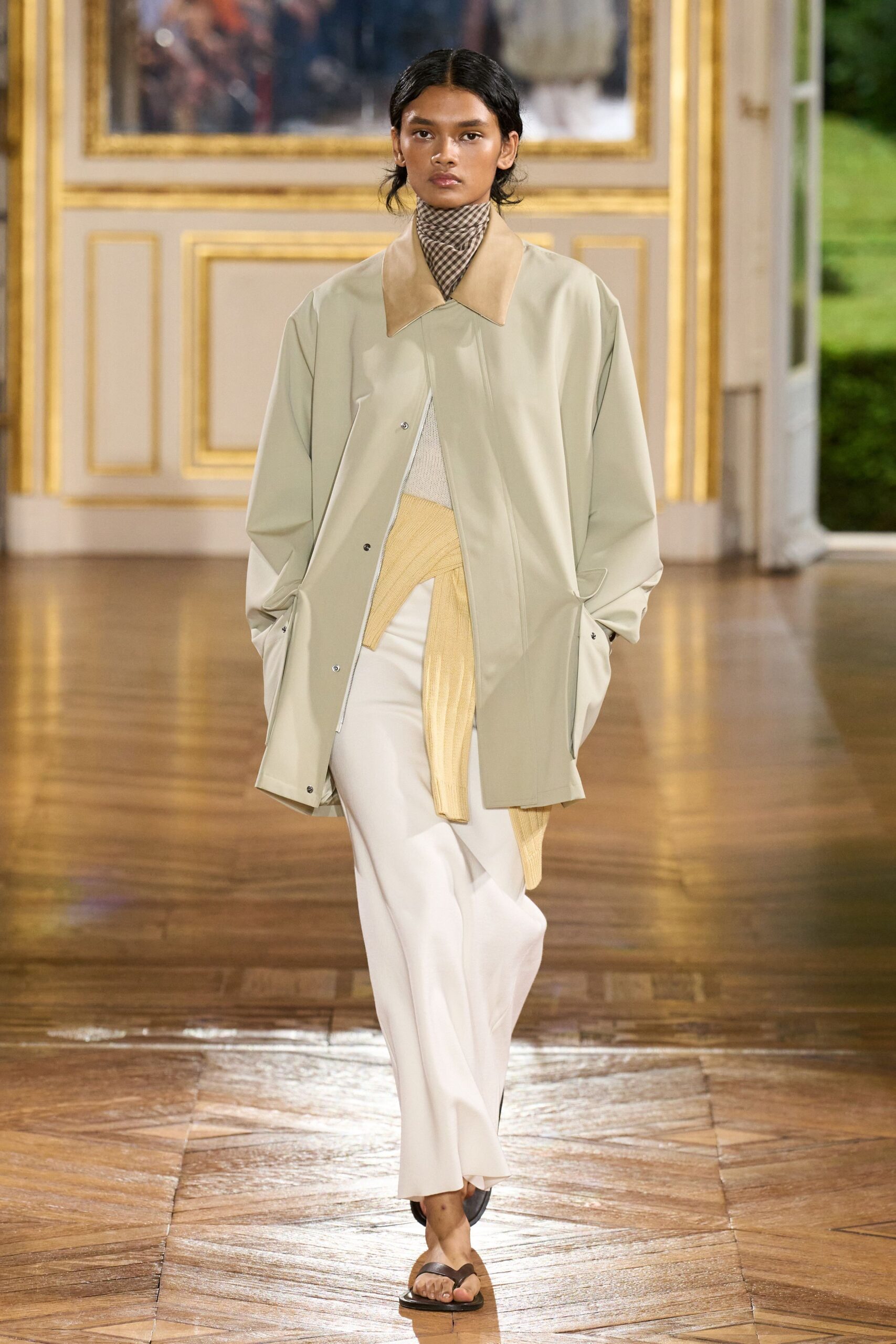beige oversized jacket with white top