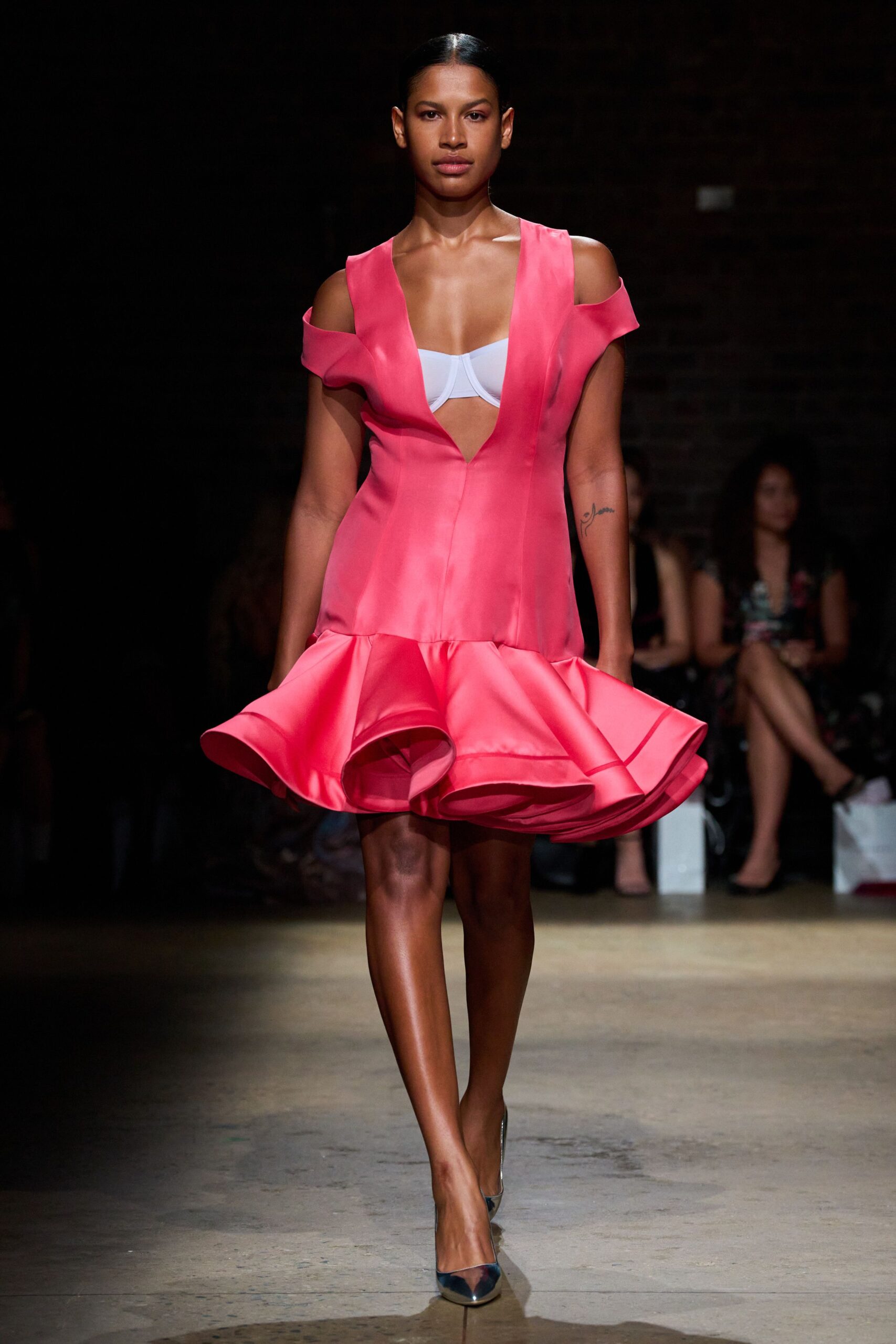 pink silk sleeveless v-neck fitted flared mini dress